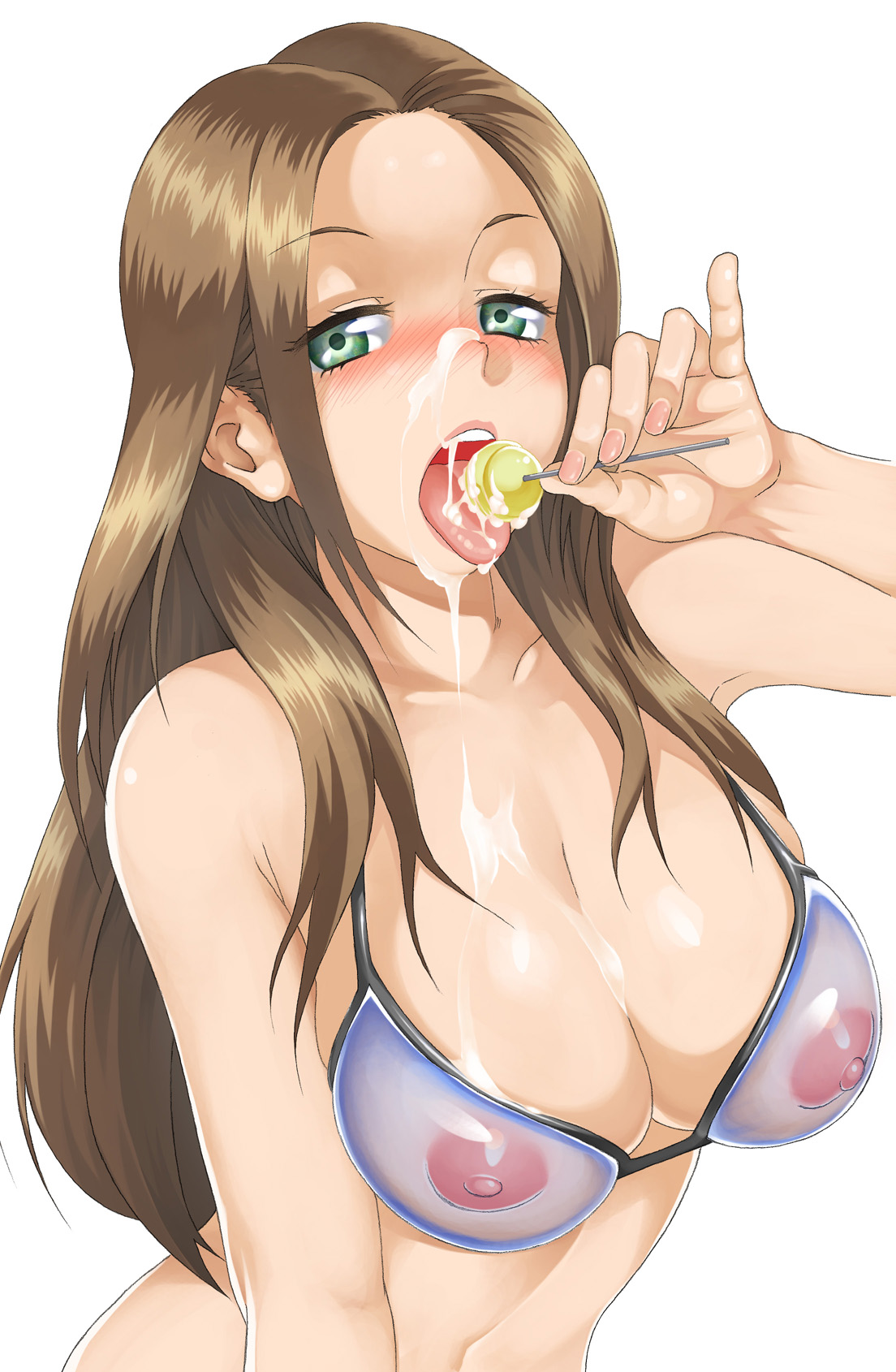bikini top, breasts, brown hair, cleavage, cum, female, green eyes, hair, lollipop, nipples, oxxo (dlengur), see-through, see-through bikini, sexually suggestive, solo