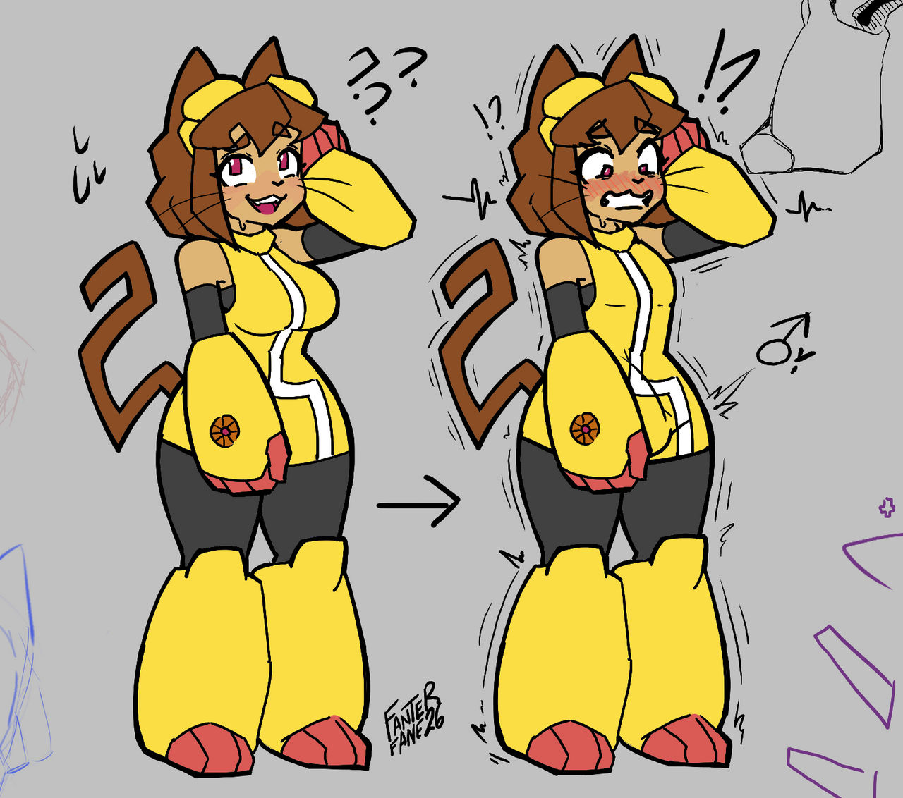 1boy, 1girls, bulge, embarrassed, fanterfane, female, femboy, femboy transformation, ftm crossgender, ftm transformation, gameoverse, glitch productions, kit (gameoverse), kit bodega, male, penis outline, rule 63, solo, transformation