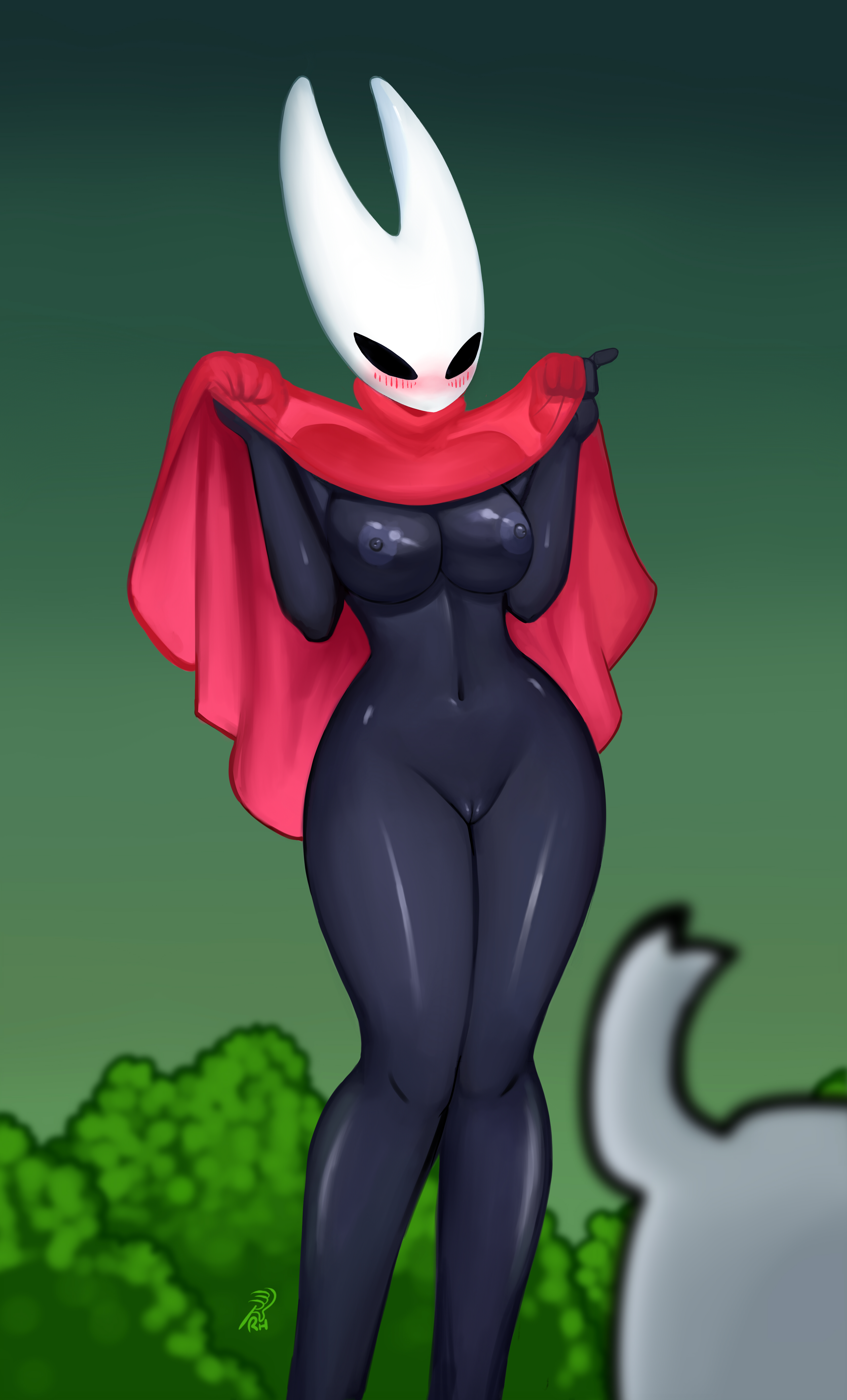 1girl, 1girl1, 1girl1boy, black body, breasts, breasts out, clothes lift, curvy, curvy figure, embarrassed, exposing, exposing self, female, flashing, flashing breasts, flashing pussy, hollow knight, hollow knight (franchise), hollow knight: silksong, hornet (hollow knight), horns, pussy, resistanthoney, shiny skin, shiny thighs, team cherry, thick thighs, thighs