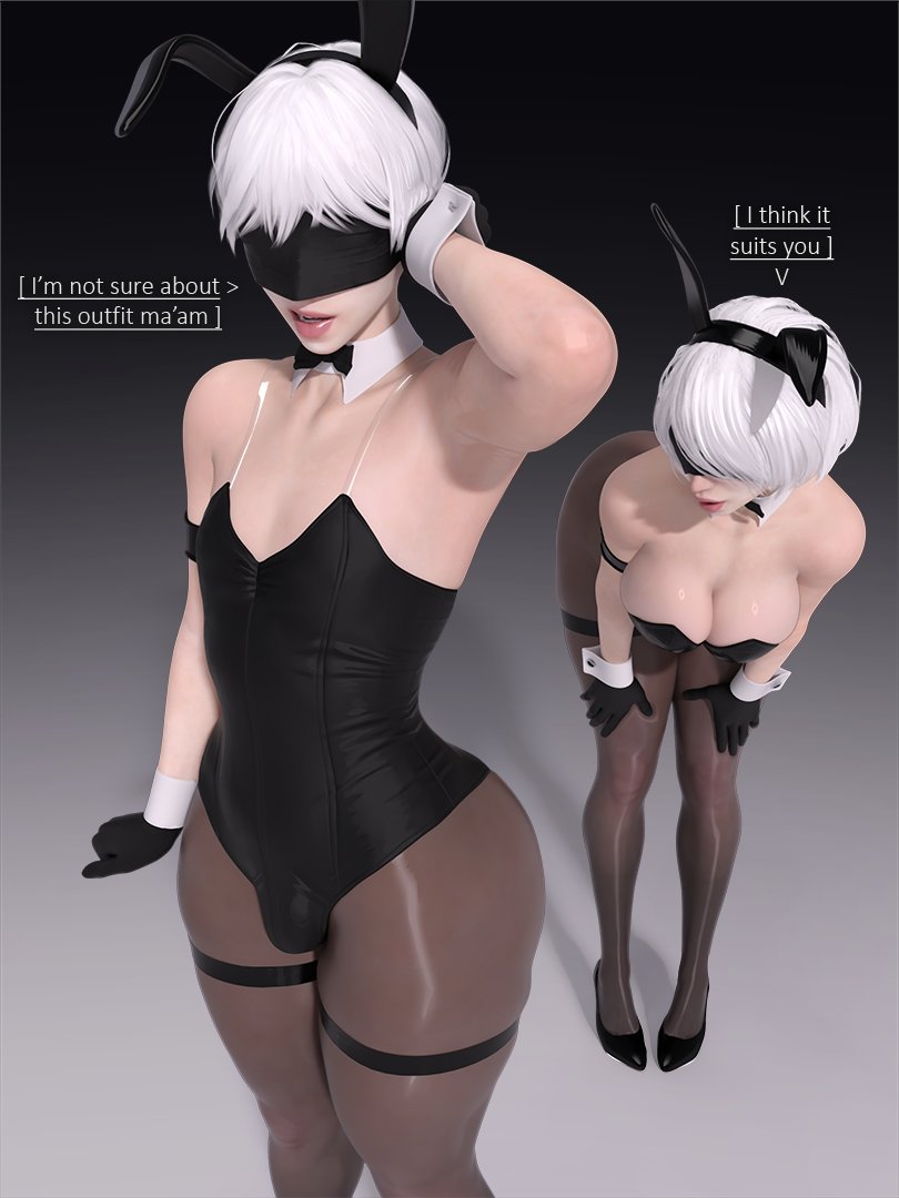 1boy1girl, 3d, armpits, big breasts, blindfold, both sexes in same situation, bulge, bunny ears, bunnysuit, cleavage, crossdressing, female, female supporting crossdressing, femboy, flat chest, gloves, hips, large breasts, male, nier, nier: automata, pantyhose, popogori, simple background, sissy, small bulge, thick thighs, thighs, voluptuous, white hair, white skin, wide hips, yorha 2b, yorha 9s