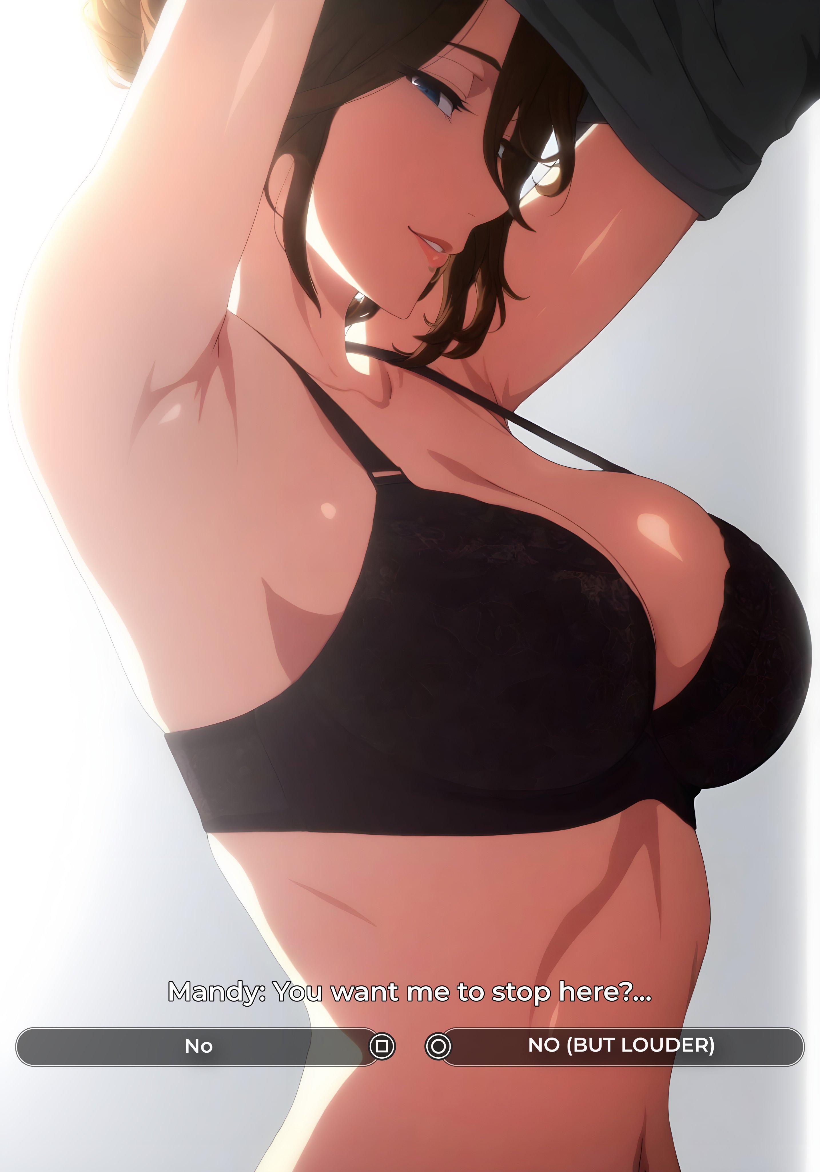 ai generated, armpit, aroused, aroused face, blonde blazer, blue eyes, blush, bra, breasts, breasts out of clothes, brown hair, clothing, dispatch (game), earrings, female, female only, high resolution, huge breasts, intimate, jewelry, large breasts, long hair, looking at viewer, mandy (dispatch), penguaiart, shirt lift, shirt pull, shirt up, shirtless, shoulders, side view, smile, smiling at viewer, smirking, solo, solo female, standing, tagme, tied hair, wide hips