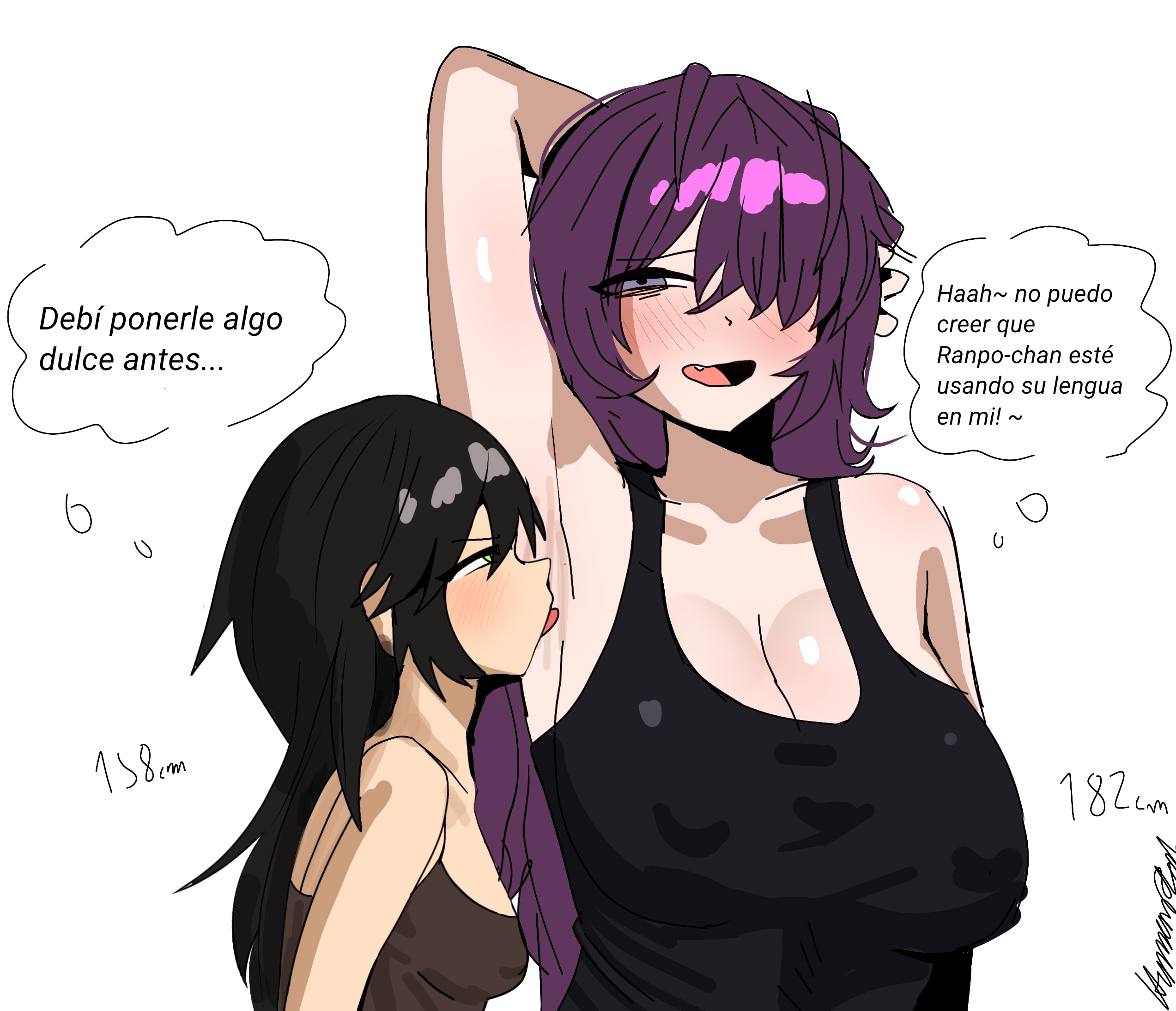 2girls, arm up, armpit, armpit licking, armpits, big breasts, bungo stray dogs, bungou stray dogs, clothed, clothing, edgar allan poe (bungo stray dogs), female, female only, genderbend, genderswap, genderswap (mtf), girls only, height difference, licking armpit, petite, petite female, ranpo edogawa, rule 63, size difference, small breasts, tagme, tank top, vanity2112, yuri
