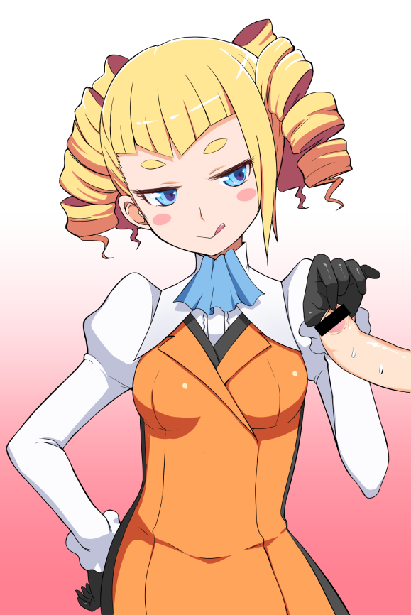 :q blonde_hair blue_eyes censored cravat drill_hair ereraero gloves gundam gundam_build_fighters hand_on_hip juliet_sleeves long_sleeves penis puffy_sleeves tongue yajima_caroline