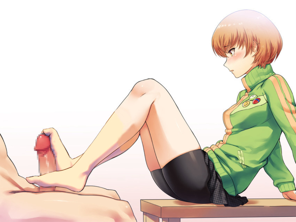 1girls, barefoot, bike shorts, brown hair, edit, feet, female, footjob, jacket, nervous, persona, persona 4, satonaka chie, tomboy