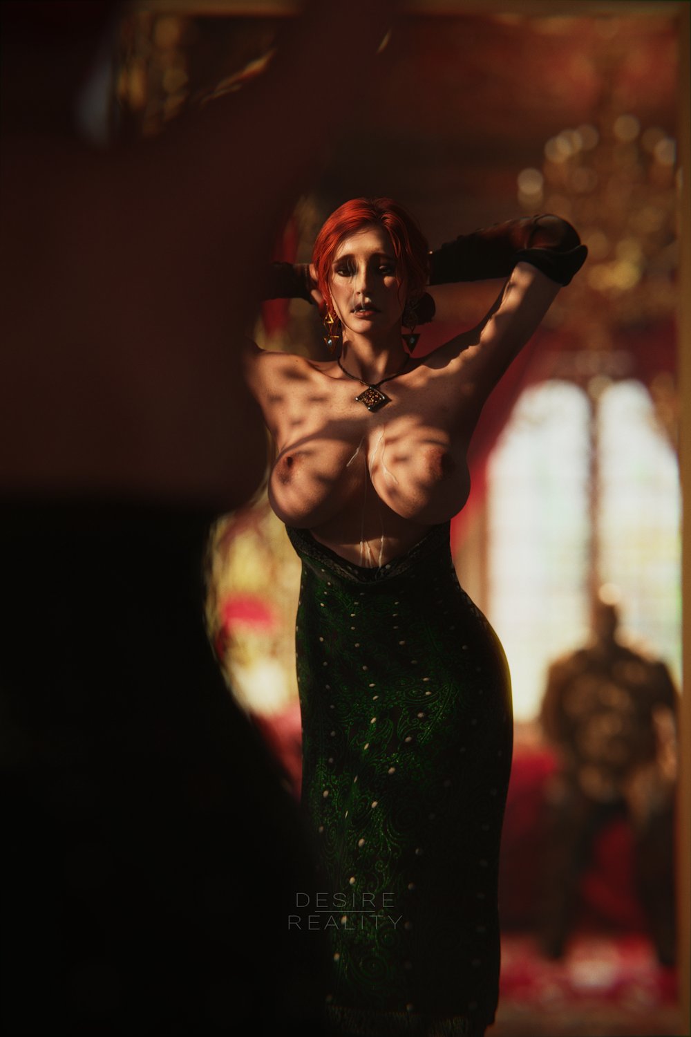 3d, armpits, breasts, cd projekt red, cum, cum on breasts, desire reality, dress, earrings, female, light skin, light-skinned female, looking at viewer, male, mascara, mirror, mirror reflection, necklace, red hair, solo, solo female, the witcher (series), the witcher 3: wild hunt, triss merigold