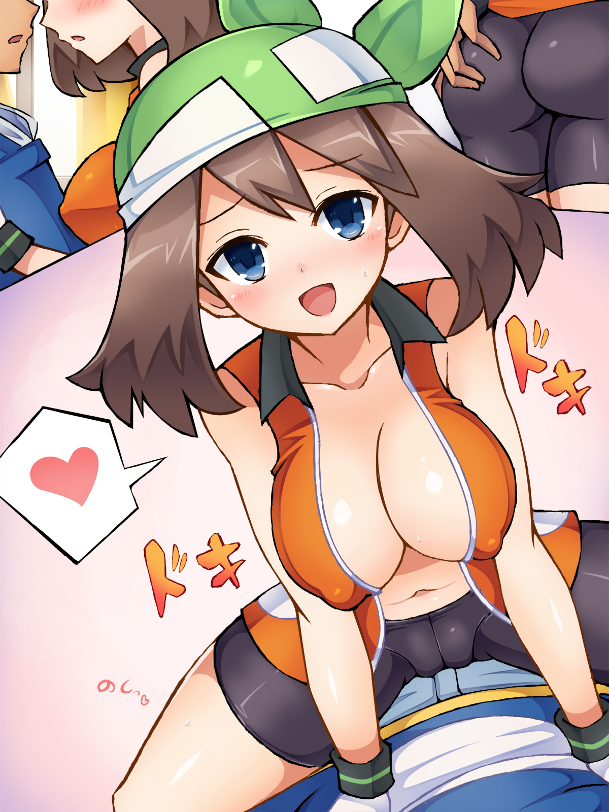 1boy, alternate breast size, alternate costume, ash ketchum, ass, ass grab, bandana, big breasts, bike shorts, black hair, blue eyes, blush, breasts, brown hair, bursting breasts, cameltoe, chro, cleavage, collarbone, couple, cowgirl position, dry humping, ear, erect nipples, female, femdom, fingerless gloves, gloves, happy, heart, heartbeat, highres, human, human only, imminent sex, jacket, jeans, knees, male, may (pokemon), navel, nipples, nipples visible through clothing, open clothes, open mouth, pants, pokemon, pokemon rse, pussy, satoshi (pokemon), shiny, short hair, shorts, smile, spats, spiked hair, spread legs, straddling, sweat, sweatdrop, text, tongue, translation request