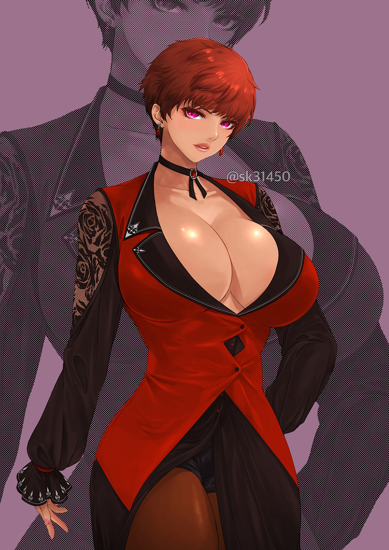 1girls, big breasts, breasts, brown skin, busty, choker, cleavage, clothed, clothing, ear piercing, earrings, female, female focus, female only, fully clothed, hi res, high resolution, highres, hips, hourglass figure, huge breasts, inner sideboob, jacket, jewelry, king of fighters, kof, large breasts, legwear, lips, lipstick, long skirt, looking at viewer, makeup, mature, mature female, messy hair, milf, oppai, pantyhose, parted lips, perky breasts, pink eyes, pink lips, pink lipstick, pinup, red hair, short hair, sk31450, skimpy, skimpy clothes, skimpy dress, skirt, snk, solo, solo female, solo focus, tan skin, the king of fighters, tomboy, very high resolution, very short hair, vice (kof), voluptuous, voluptuous female, wide hips