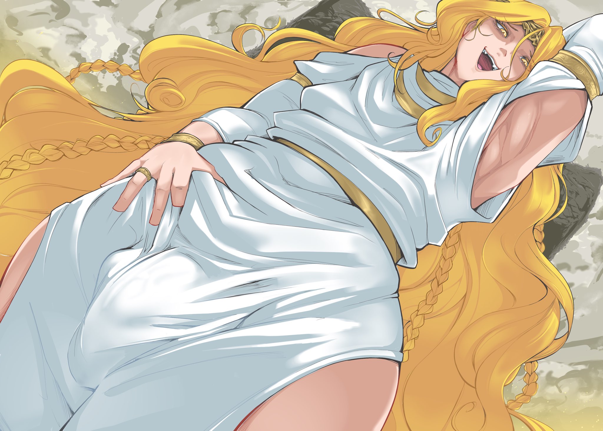 1boy, armpit, armpits, arms up, blonde hair, bulge, elden ring, femboy, fromsoftware, gay, girly, huge cock, human, looking at viewer, male, male only, miquella, penis, shadow of the erdtree, smug ghost, solo, yaoi, yellow eyes