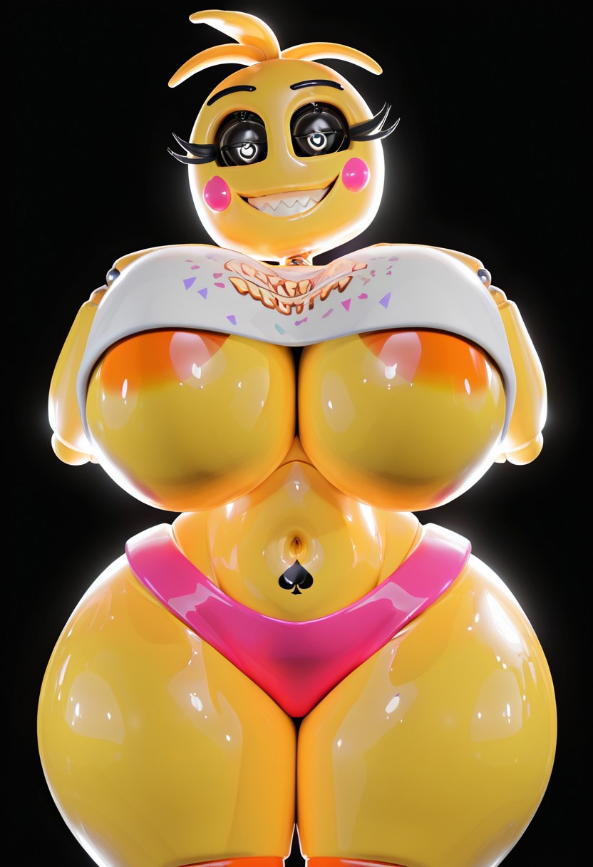 ai generated, ass, breasts, chica (fnaf), curvy, female, five nights at freddy's, huge ass, huge breasts, qos, qos tattoo, queen of spades, revealing clothes, skimpy clothes, solo, tagme, thick, thick thighs, toy chica (fnaf), toy chica (love taste), wide hips