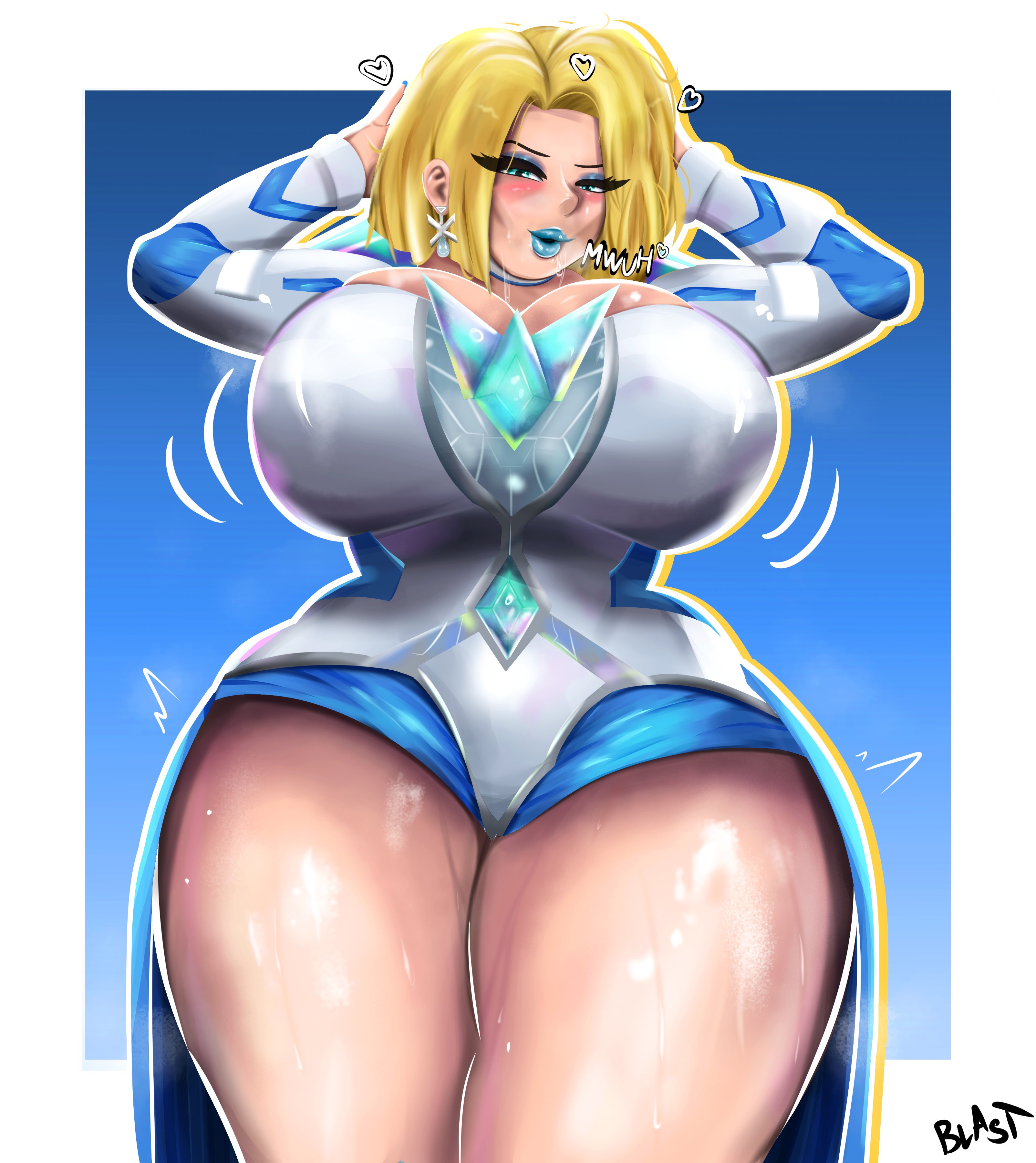 1girls, 2d, big breasts, blastnsfw, blonde female, blonde hair, blue eyes, blue eyeshadow, blue lips, blue lipstick, blush, bob cut, breasts, cleavage, clothed, clothed female, clothing, ear piercing, earrings, emma frost, emma frost (marvel rivals), eyeshadow, female, female only, hair, hands behind head, heart, hips, huge breasts, lips, lipstick, marvel, marvel comics, marvel rivals, motion lines, onomatopoeia, short hair, solo, solo female, spoken heart, thick lips, thick thighs, thighs, thunder thighs