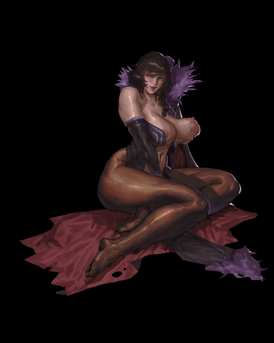 1girls, areolae peeking, ass, big ass, big breasts, black hair, blush, braided ponytail, breast squeeze, breasts, breasts out, elbow gloves, elsa granhilte, feet in stockings, female, grabbing own breast, lagon (artist), licking lips, looking at viewer, midriff, nipples, purple eyes, re:zero kara hajimeru isekai seikatsu, revealing clothes, seductive look, shoulders, simple background, sitting, solo, solo female, stockings, thick thighs, thighs, tongue, tongue out, voluptuous