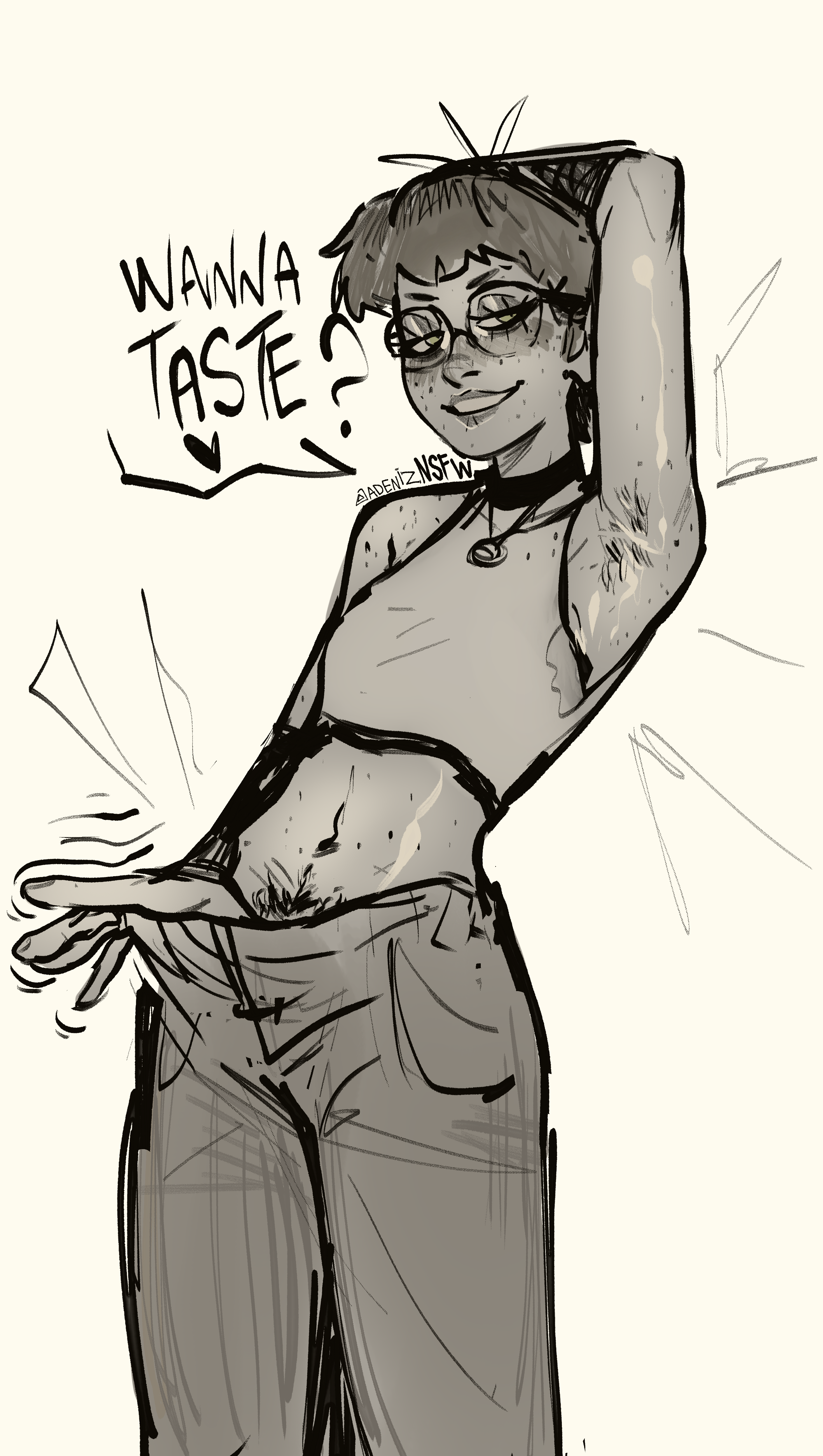 1girls, adeniz, armpit fetish, armpit hair, armpits, arms behind back, arms up, breasts, clothed, clothing, female, female only, glasses, hairy, hairy armpits, hairy female, hairy pussy, inviting, inviting to sex, natalie (adeniz), original, original character, original characters, pants pull, partially clothed, pixie cut, presenting armpit, pussy, seductive look, seductive smile, short hair, small breasts, smile, smiling, solo, solo female, standing, sweat stain, teenage female, teenager, tomboy