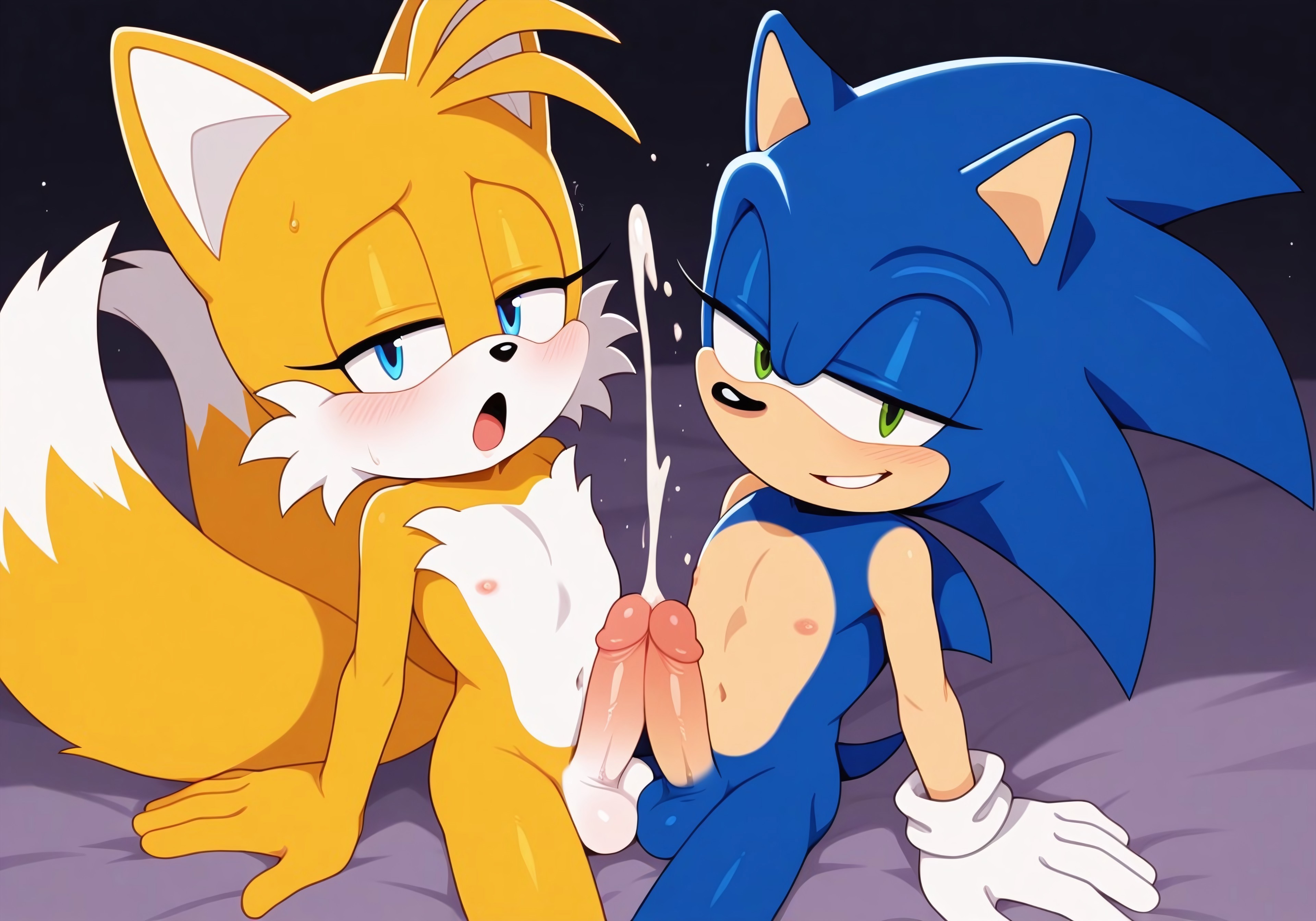 ai generated, blush, climax, ejaculation, frottage, gay, half-closed eyes, looking at viewer, male, miles prower, moaning, penis, pleasure face, rubbing penises, smug, sonic (series), sonic the hedgehog, sonic the hedgehog (series), tails, tails the fox, yaoi