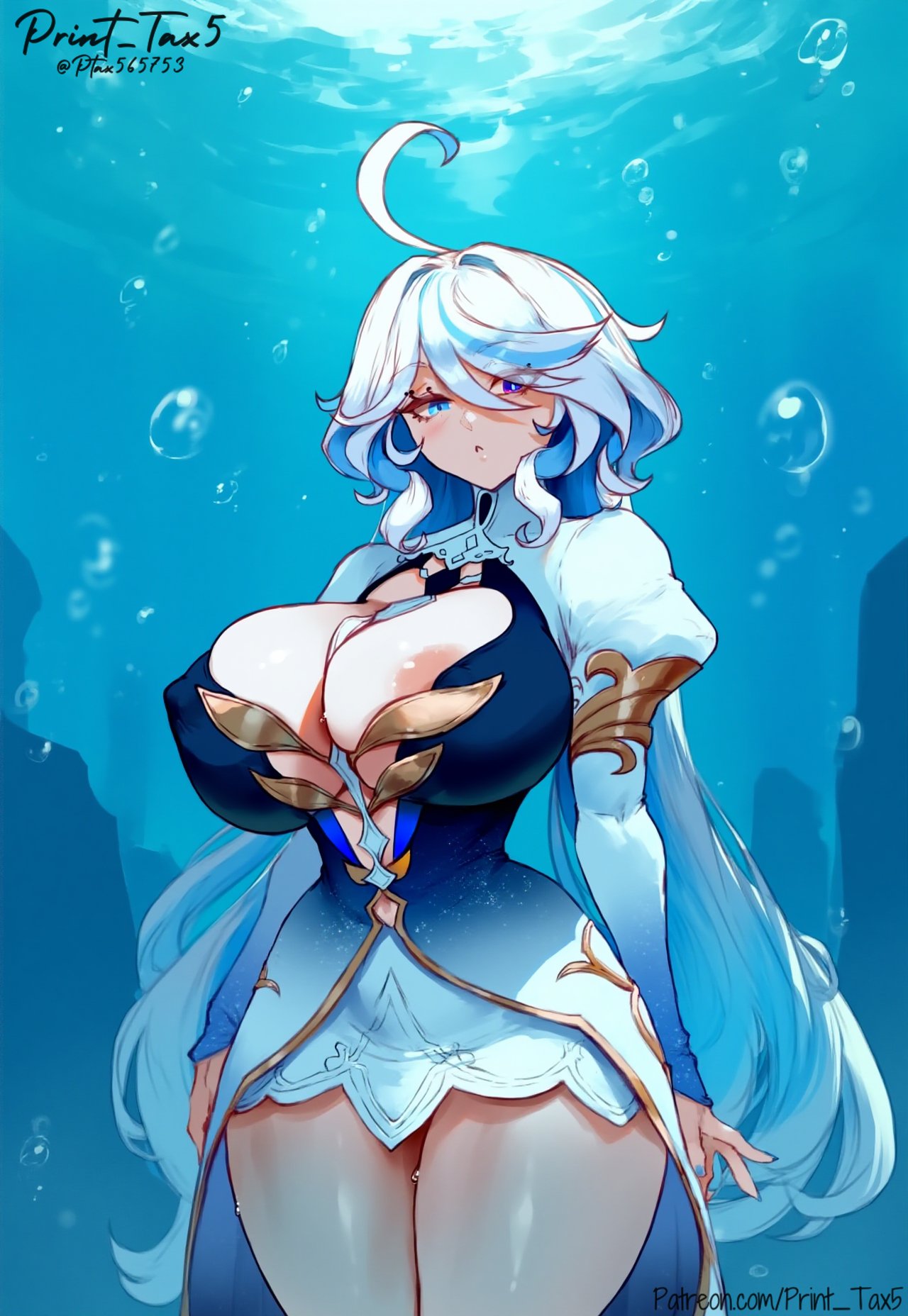 1girls, ai generated, breasts, cleavage, female, female focus, female only, focalors (genshin impact), genshin impact, large breasts, light skin, light-skinned female, looking at viewer, print tax5, solo, thick thighs, thighs, wide hips