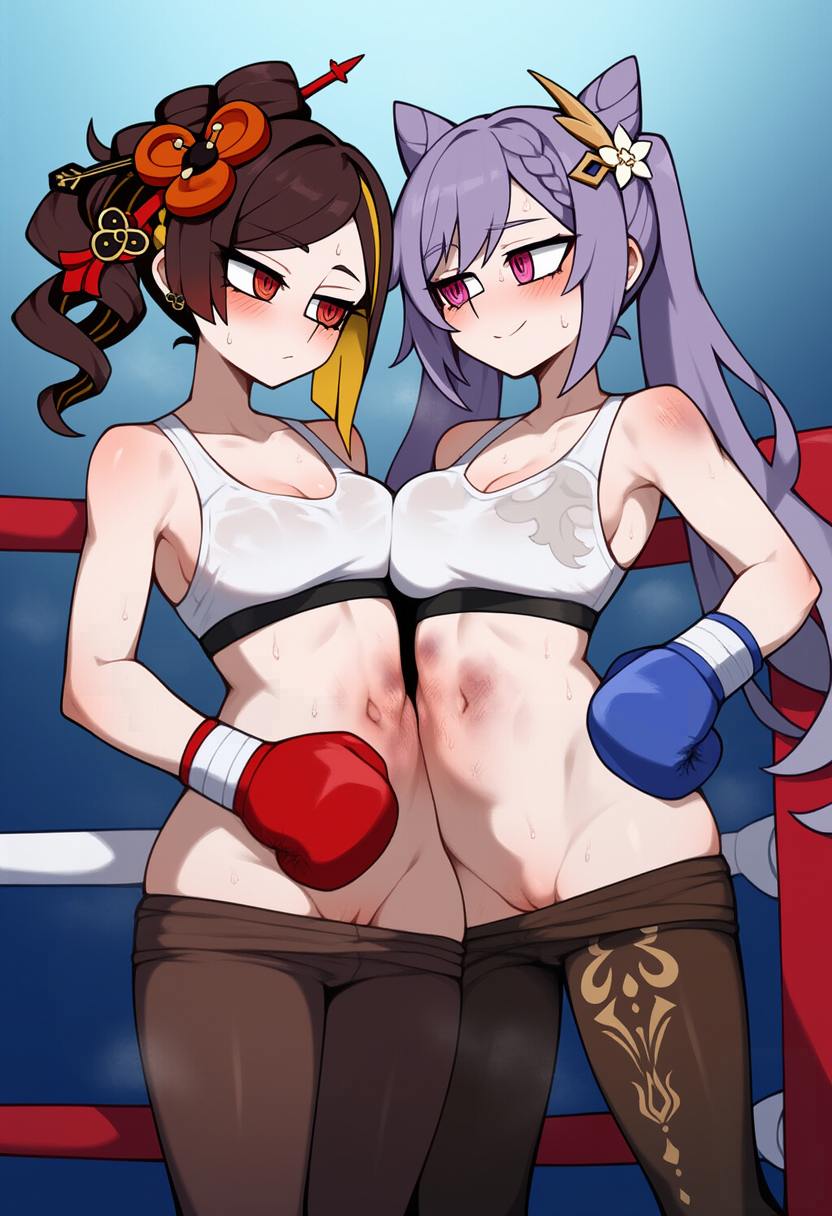 ai_generated braid catfight chiori_(genshin_impact) exposed_pussy female genshin_impact keqing_(genshin_impact) lesbian_sex pantyhose pussy sexfight staredown symmetrical_docking thighs uncensored wrestling yuri
