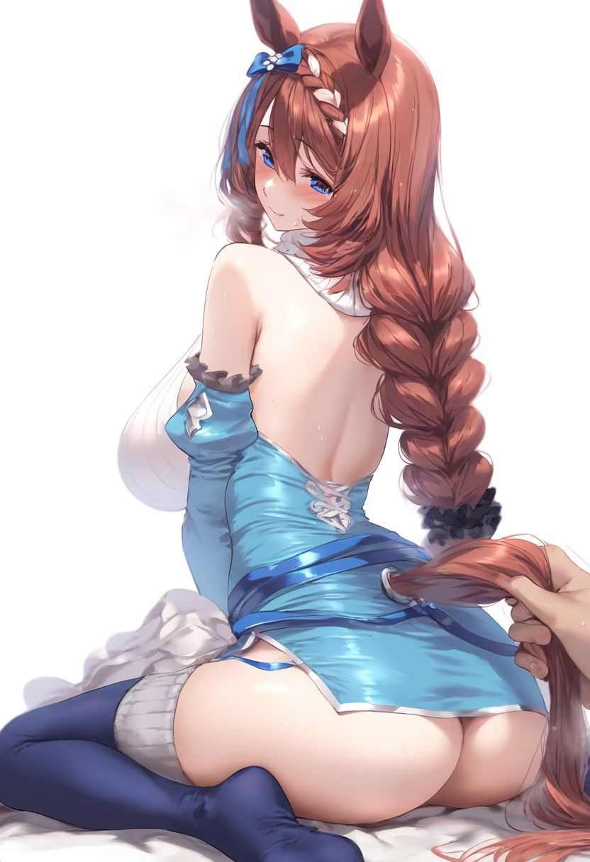 ai generated, animal ears, animal tail, big breasts, blue eyes, braided hair, breasts, female, grabbing tail, horse girl, long hair, ribbon, super creek (murmuring stream) (umamusume), super creek (umamusume), umamusume, umamusume pretty derby
