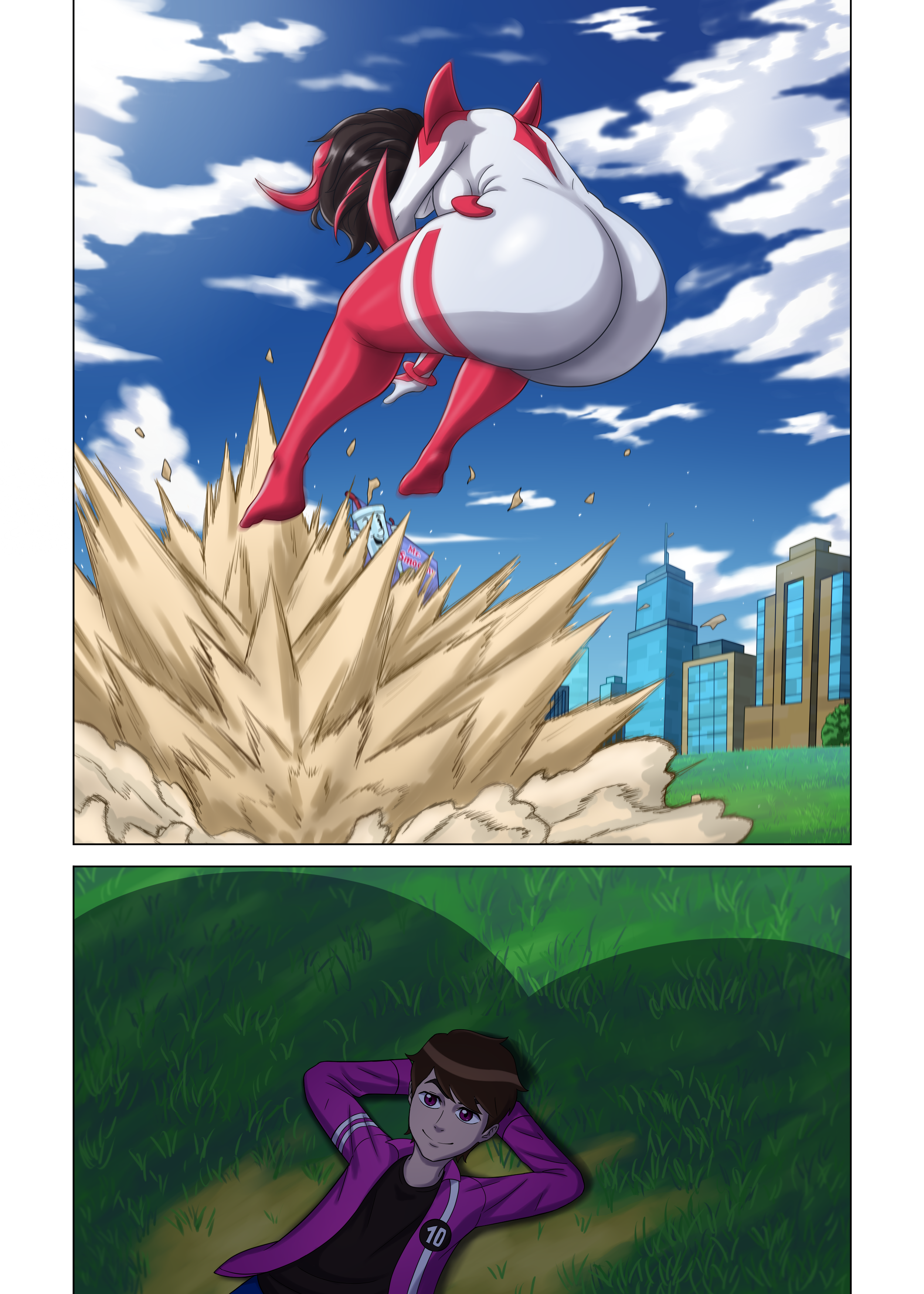 1boy, 1girls, alien, alien girl, ass, ben 10, ben tennyson, big ass, big butt, big girl, chaquetrix, comic page, female, humanoid, knoxxx45, male, way big