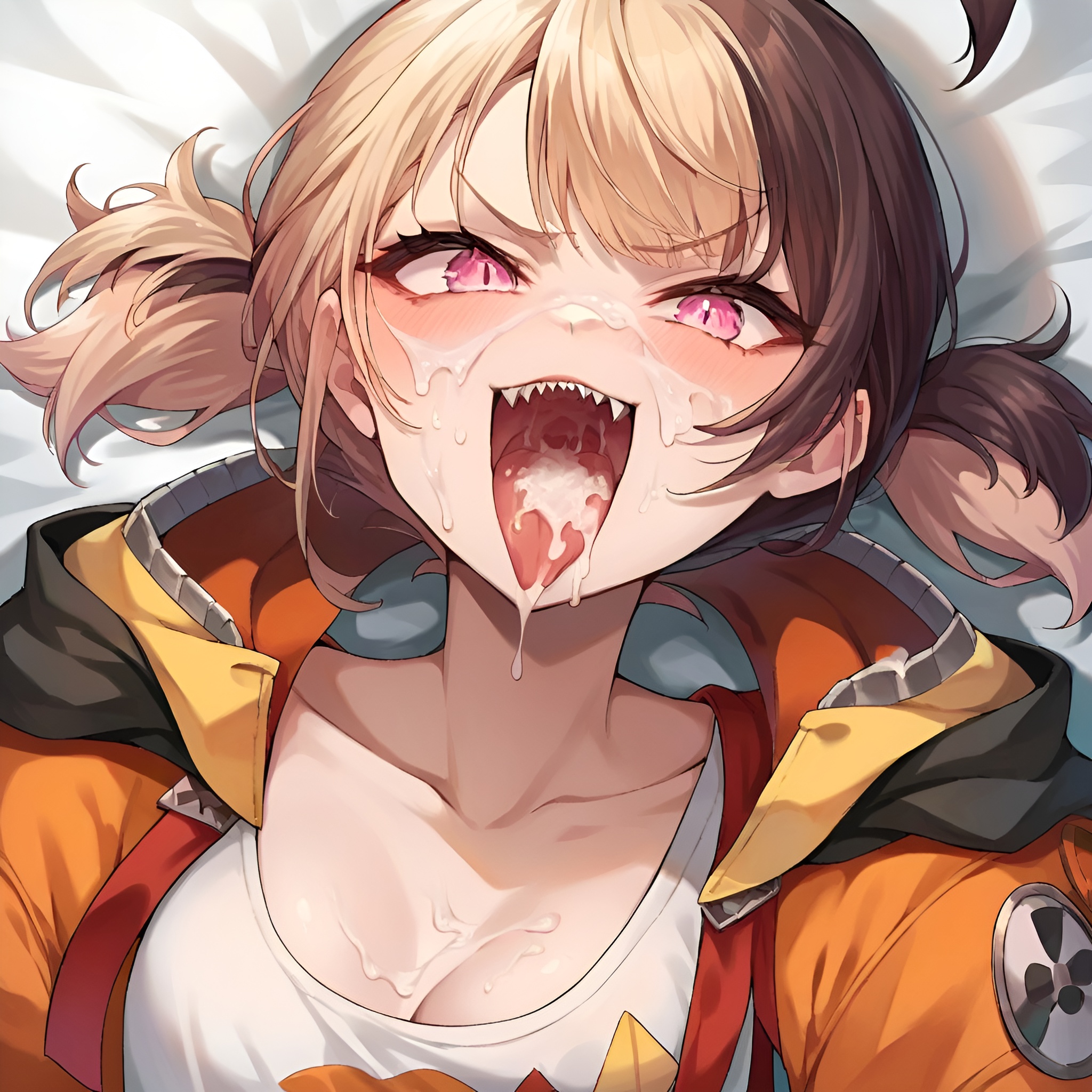 after fellatio, ai generated, arbitrary, breasts, cleavage, cum, cum in mouth, cum on breasts, cum on face, female, gigi murin, hololive, hololive english, hololive english -justice-, multicolored hair, open mouth, pink eyes, sharp teeth, tongue, tongue out, twintails, virtual youtuber, vtuber