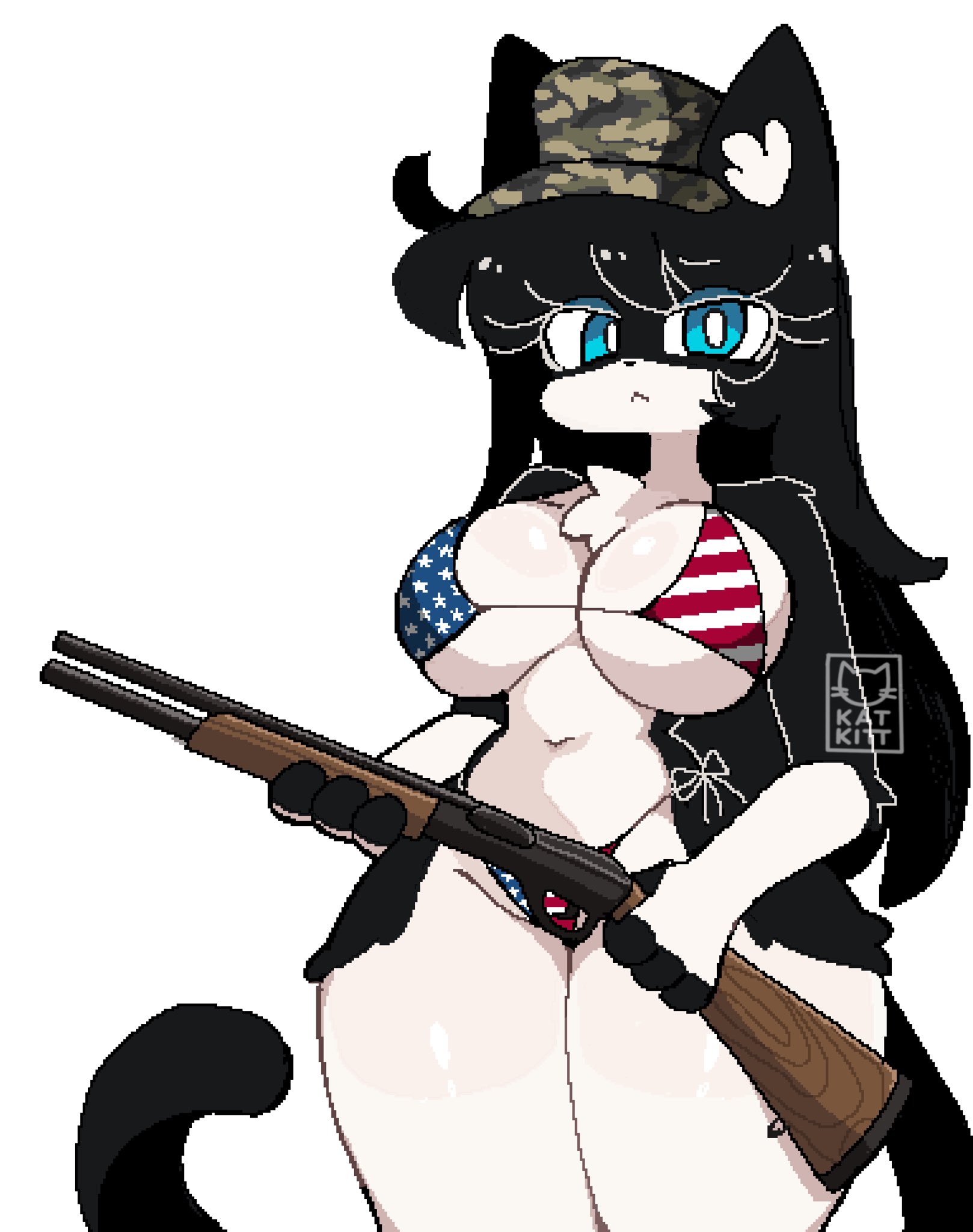 1girls, american flag bikini, bikini, black fur, black hair, breasts, cat ears, cat girl, cat tail, catgirl, feline, female, female focus, female only, firearm, flag bikini, flag print, frown, fur, furry, furry female, furry only, gun, kat kitt, large breasts, long hair, looking at viewer, medikitten, navel, patriotic clothing, serious, shotgun, solo, solo female, solo focus, thick thighs, thighs, very long hair, white fur, winchester 1200, winchester model 1200