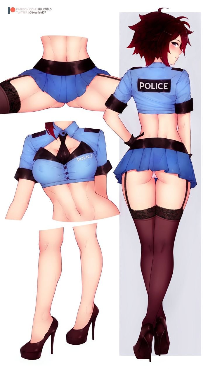 1girls, 2d, ass, back view, bluefield, crop top, duplicate, female, female only, garter belt, garter straps, high heels, looking at viewer, looking back, miniskirt, necktie, pantyshot, police, police uniform, posing, rear view, red hair, revealing clothes, ruby rose, rwby, skimpy clothes, skirt, solo, stockings, thighhighs