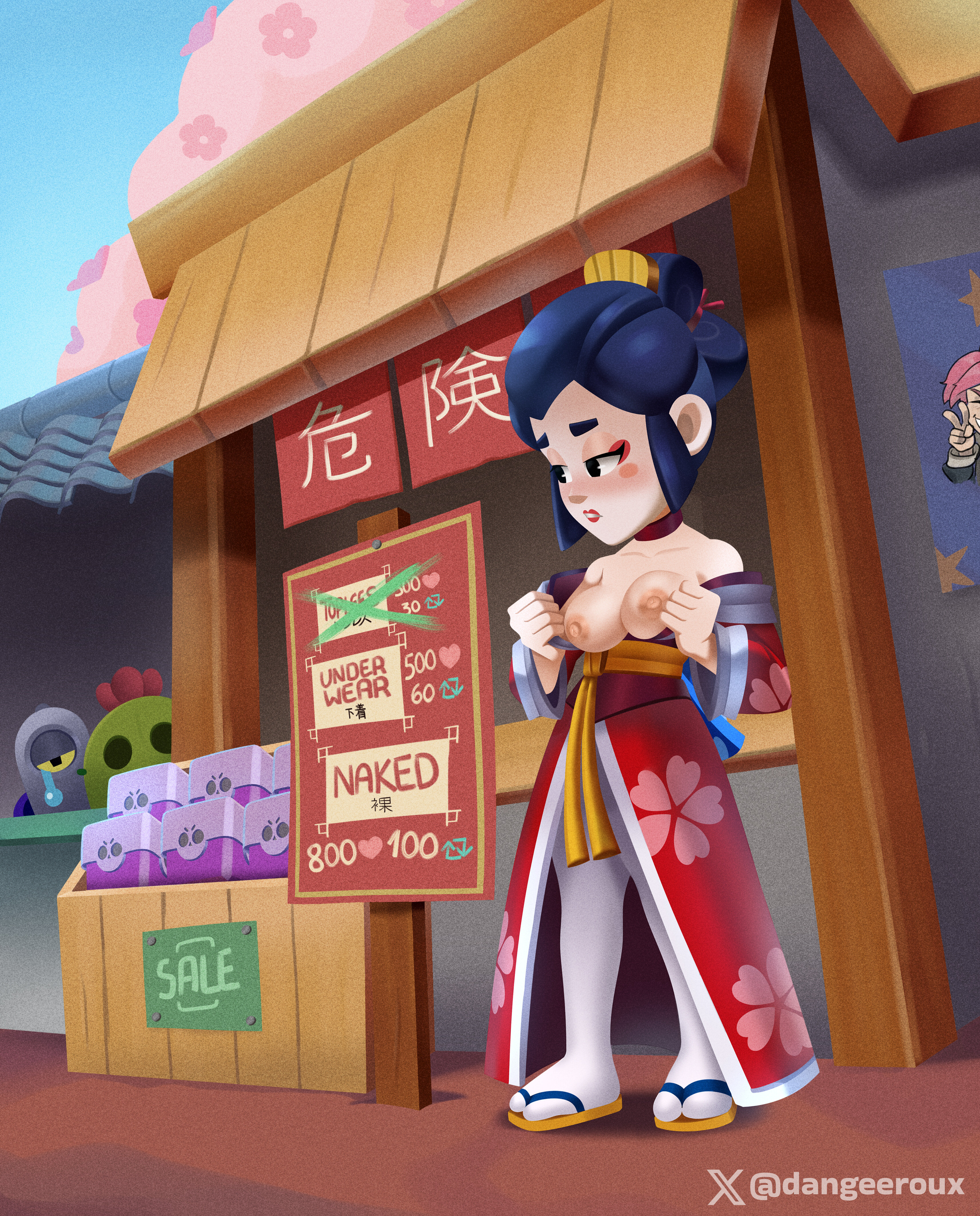 brawl stars, breasts, breasts out, dangeroux, female, geisha, kasa-obake piper, piper (brawl stars), public exposure, removing clothing, rico (brawl stars), spike (brawl stars), tagme