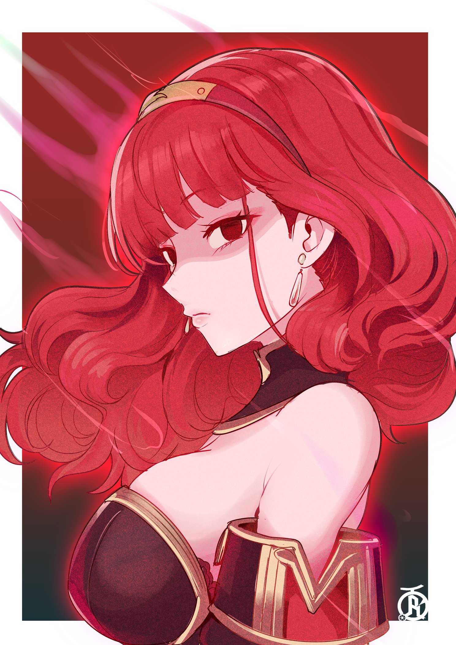 1girls, aura, bare shoulders, black background, black bra, bra, bra peek, breasts, celica (fire emblem), corruption, earrings, empty eyes, female, female only, fire emblem, fire emblem echoes: shadows of valentia, fire emblem engage, gradient background, highres, jewelry, large breasts, long hair, looking at viewer, looking to the side, nintendo, red aura, red background, red eyes, red hair, revolverwingstudios, skindentation, solo, tiara, underwear, upper body