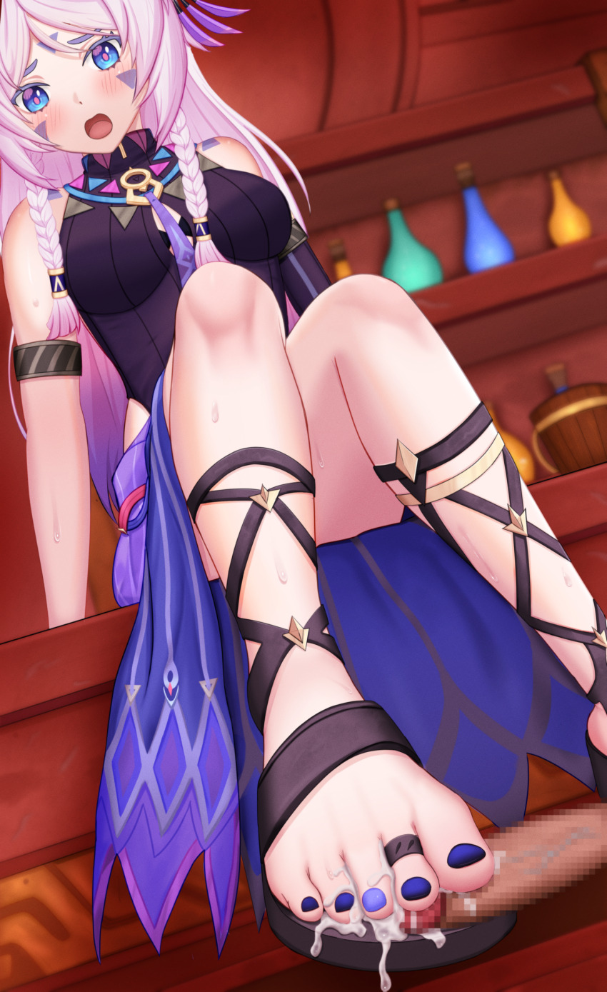 absurdres, blue eyes, blush, censored, citlali (genshin impact), cum, denokoto, ejaculation, feet, female, footjob, genshin impact, highres, long hair, mosaic censoring, open mouth, pink hair, sandaljob, sandals, shoejob, toes