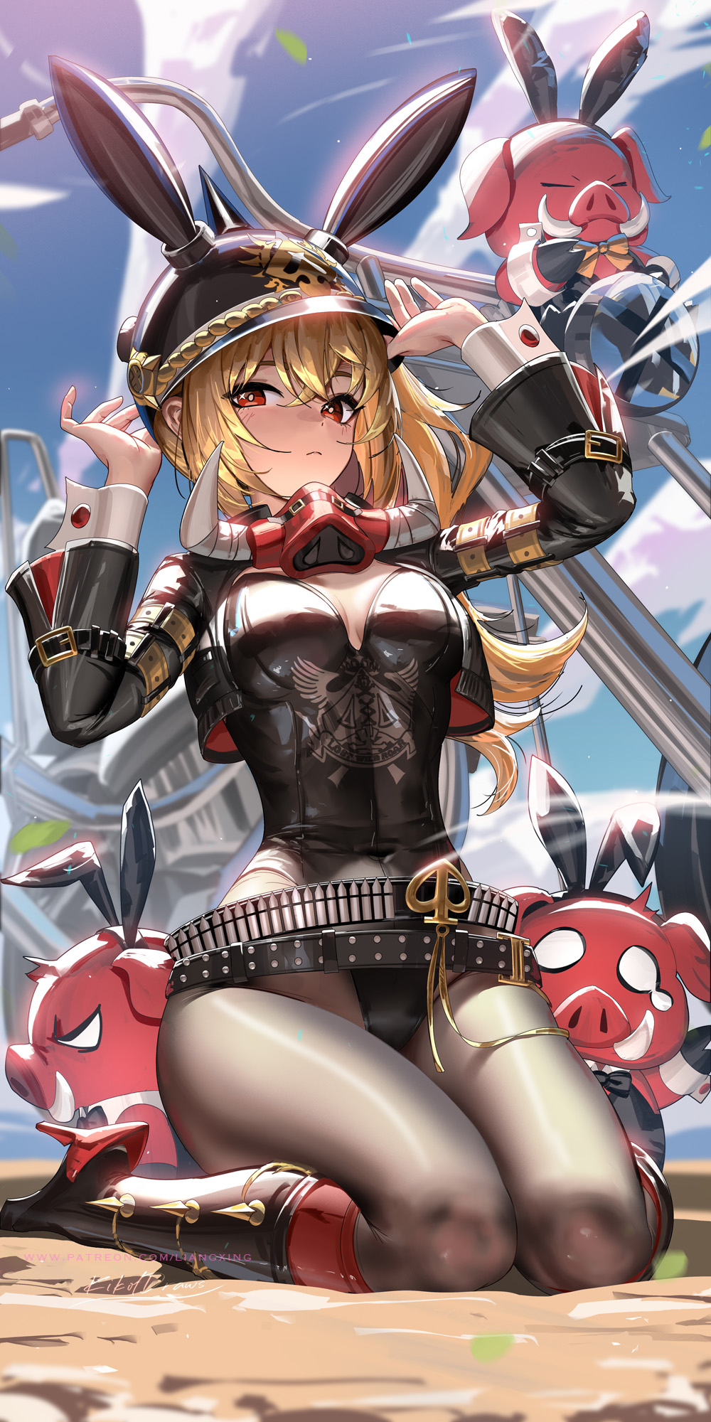 adapted_costume adjusting_clothes adjusting_headwear belt black_belt black_helmet black_jacket black_leotard black_pantyhose black_shoes blonde_hair blue_sky boar boots breasts closed_mouth cropped_jacket female hands_up helmet high_heel_boots high_heels highres jacket leotard liang_xing light_frown long_hair looking_at_viewer luciana_de_montefio making-of_available mask mask_around_neck medium_breasts motor_vehicle motorcycle on_ground pantyhose red_eyes respirator shoes sitting sky solo wariza zenless_zone_zero