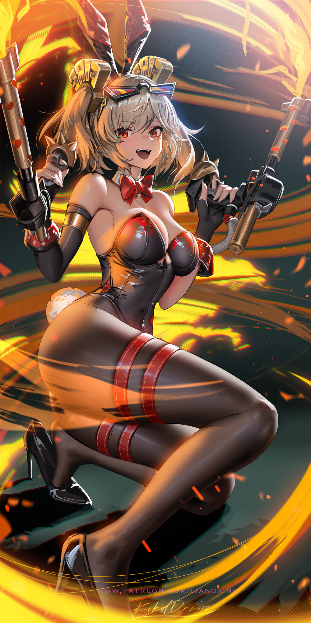 :d alternate_costume animal_ears bare_shoulders black_gloves black_leotard blonde_hair bow bowtie breasts brown_pantyhose burnice_white dual_wielding eyewear_on_head female fingerless_gloves fire flamethrower full_body gloves high_heels highres holding holding_flamethrower holding_weapon large_breasts leotard liang_xing open_mouth pantyhose playboy_bunny rabbit_ears rabbit_tail red_bow red_bowtie red_eyes short_twintails smile solo sunglasses tail teeth thigh_strap thighs twintails upper_teeth_only weapon zenless_zone_zero