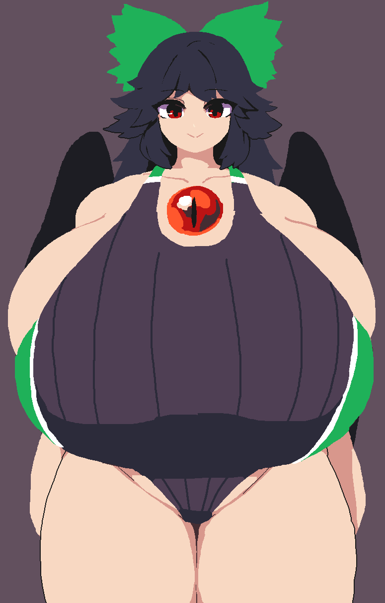 black_hair breasts female female_only gigantic_breasts hair medium_hair one_piece_swimsuit red_eyes simple_background smile takorin thick_thighs touhou utsuho_reiuji wide_hips wings