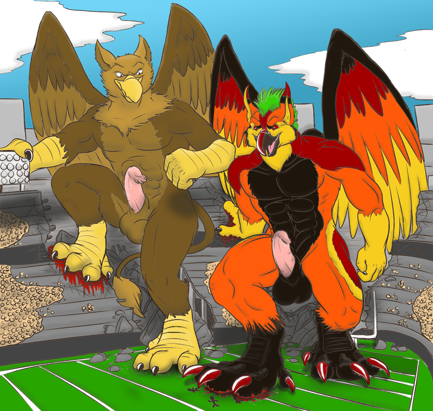 4_toes 5_fingers abs anthro avian balls beak blood blood_on_claws bodily_fluids building building_destruction carpo city claws colored crush destruction duo erection extreme_size_difference feathered_wings feathers feet finger_claws fingers foot_crush genitals gore gryphon humanoid_genitalia humanoid_penis macro macro_anthro macro_male male muscular muscular_anthro muscular_male mythological_avian mythological_creature mythology nude outside pawpads paws pecs penile penis pyronite(commissioner) rampage size_difference smile stadium stepped_on stomped stomping tail teaselbone toe_claws toes wings zulu