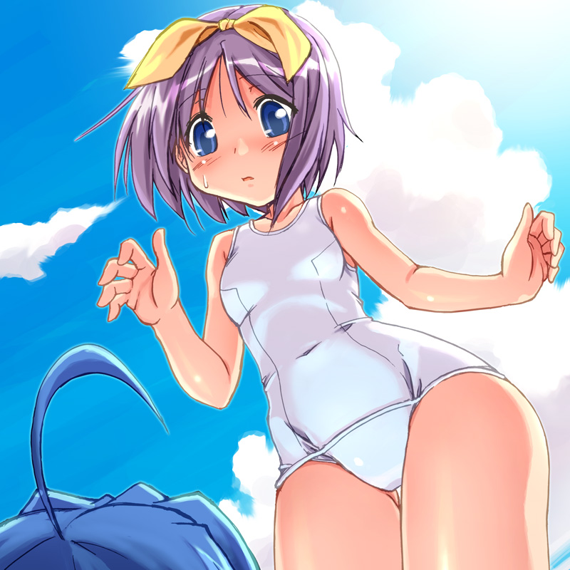2girls, blue eyes, blush, female, from below, hair ribbon, konata izumi, lavender hair, lucky star, outdoors, school swimsuit, short hair, swimsuit, tagme, tsukasa hiiragi, urase shioji