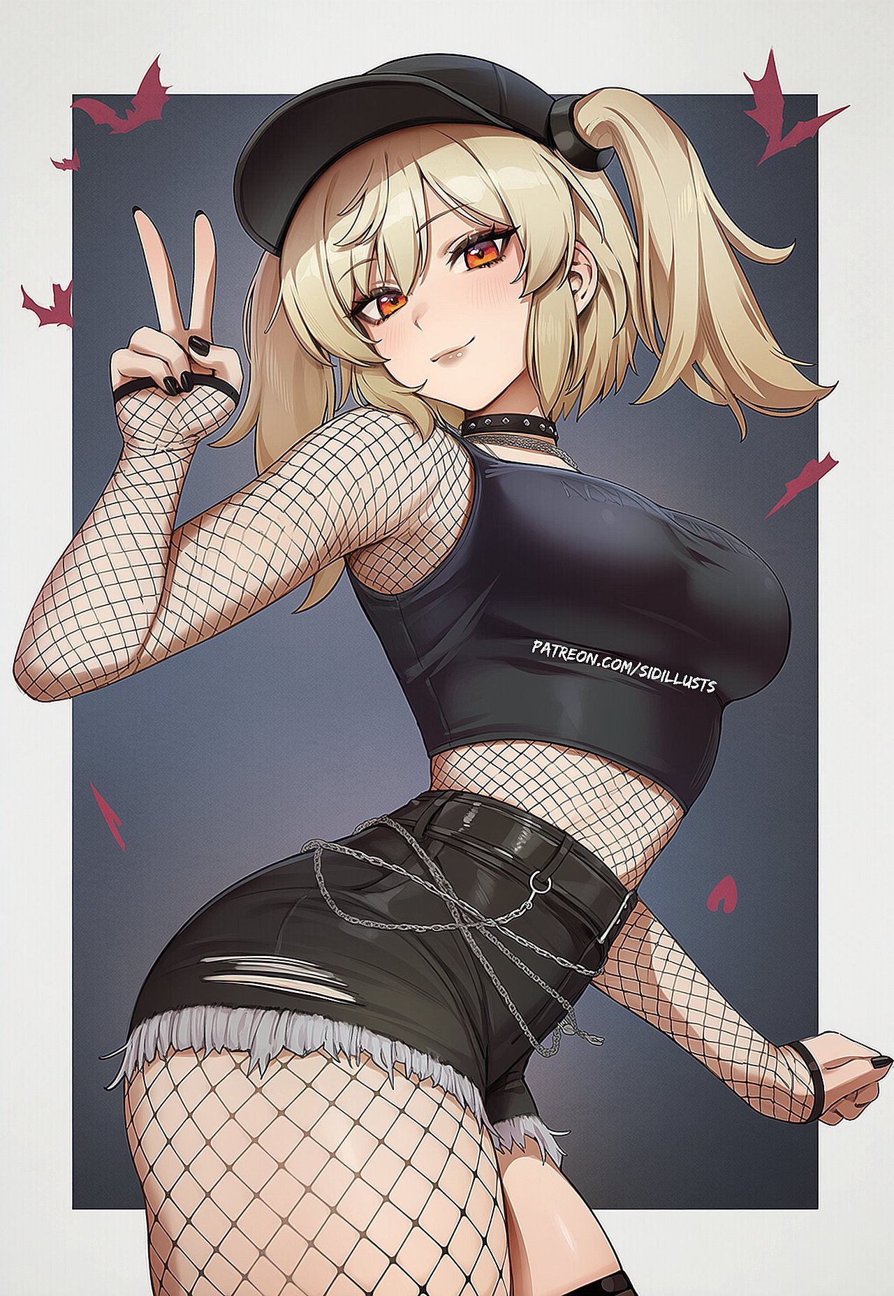 1girls, ai generated, blonde, blonde female, blonde hair, blonde-haired female, burnice white, chocker, denim, denim shorts, female, fishnet, fishnet clothing, fishnet stockings, fishnets, goth, goth girl, gothified, pantyhose, peace sign, pigtails, sidillusts, sole female, street fashion, thighhighs, tomboy, tomboyified, tomboyish, urban fashion, v sign, zenless zone zero