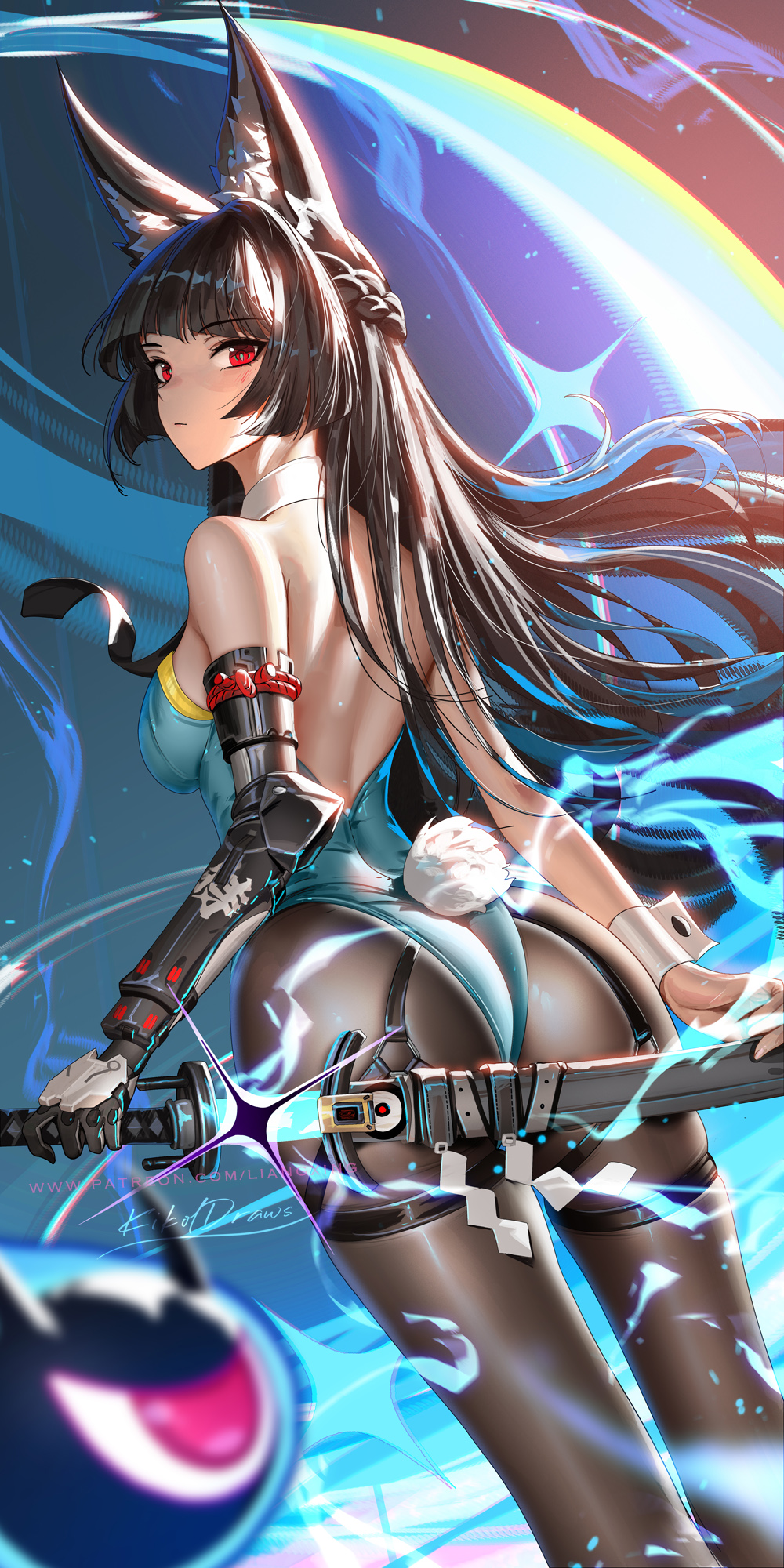 alternate_costume animal_ear_fluff animal_ears ass black_hair blunt_bangs closed_mouth cowboy_shot female fox_ears fox_girl from_behind gauntlets highres holding holding_sword holding_weapon hollow_(zenless_zone_zero) hoshimi_miyabi leotard liang_xing long_hair looking_at_viewer playboy_bunny rabbit_tail red_eyes sidelocks solo standing sword tail tailless_(zenless_zone_zero) weapon zenless_zone_zero