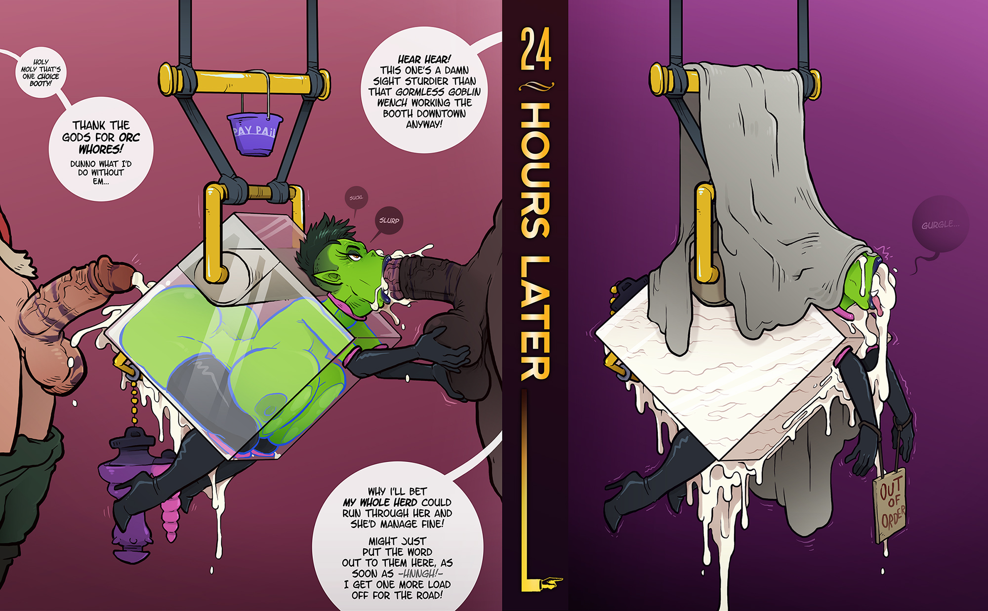 balls, balls fondling, big balls, big penis, bondage, equine penis, excessive cum, fellatio, female, fondling balls, green skin, horsecock, huge balls, huge cock, huge penis, large balls, large penis, male, oral, orc, orc female, orc girl, original, penis, prostitute, prostitute clothes, prostitution, public use, short hair, sparrow (artist), spitroast, tagme, veiny penis