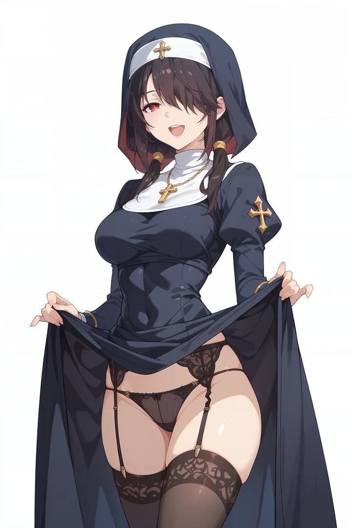 1girls, ai generated, date a live, dress lift, female, garter belt, garter straps, nun, nun outfit, panties, solo, stockings, tokisaki kurumi