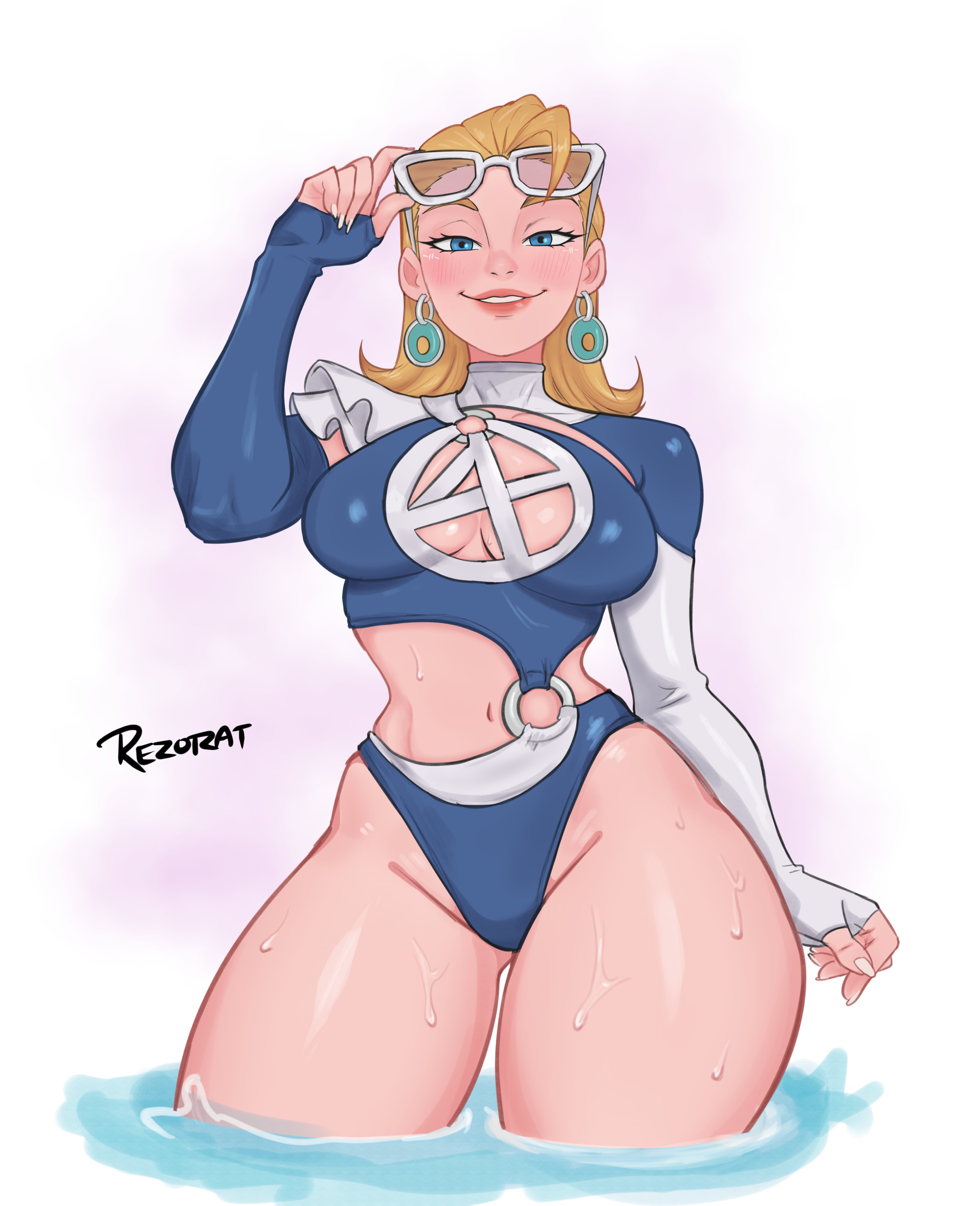 1girls, 2d, breasts, clothed, fantastic four, female, female focus, female only, invisible woman, invisible woman (azure shade), invisible woman (marvel rivals), large breasts, light skin, light-skinned female, looking at viewer, marvel, marvel comics, marvel rivals, rezo, sue richards, sue storm, swimsuit, thick thighs, thighs, wide hips