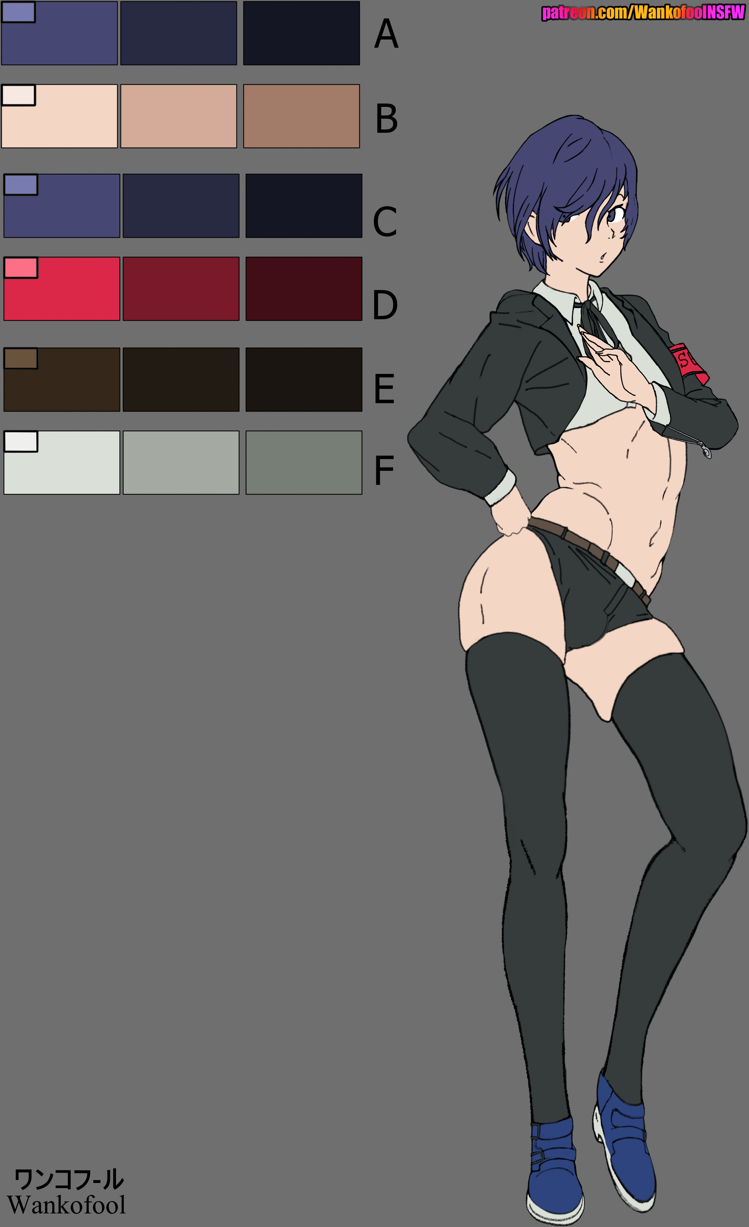 1boy, 2025, 2d, alternative universe, armband, armwear, artist name, atlus, blue hair, bulge, character sheet, clothing, concept art, femboy, femboy focus, feminine male, feminization, flat colors, gay, hotpants, human, impossible clothes, makoto yuki, male, male only, megami tensei, pale skin, penis, persona, persona 3, persona 3 reload, school uniform, showing off, sissy, sketch, thick, thick thighs, uniform, wankofool