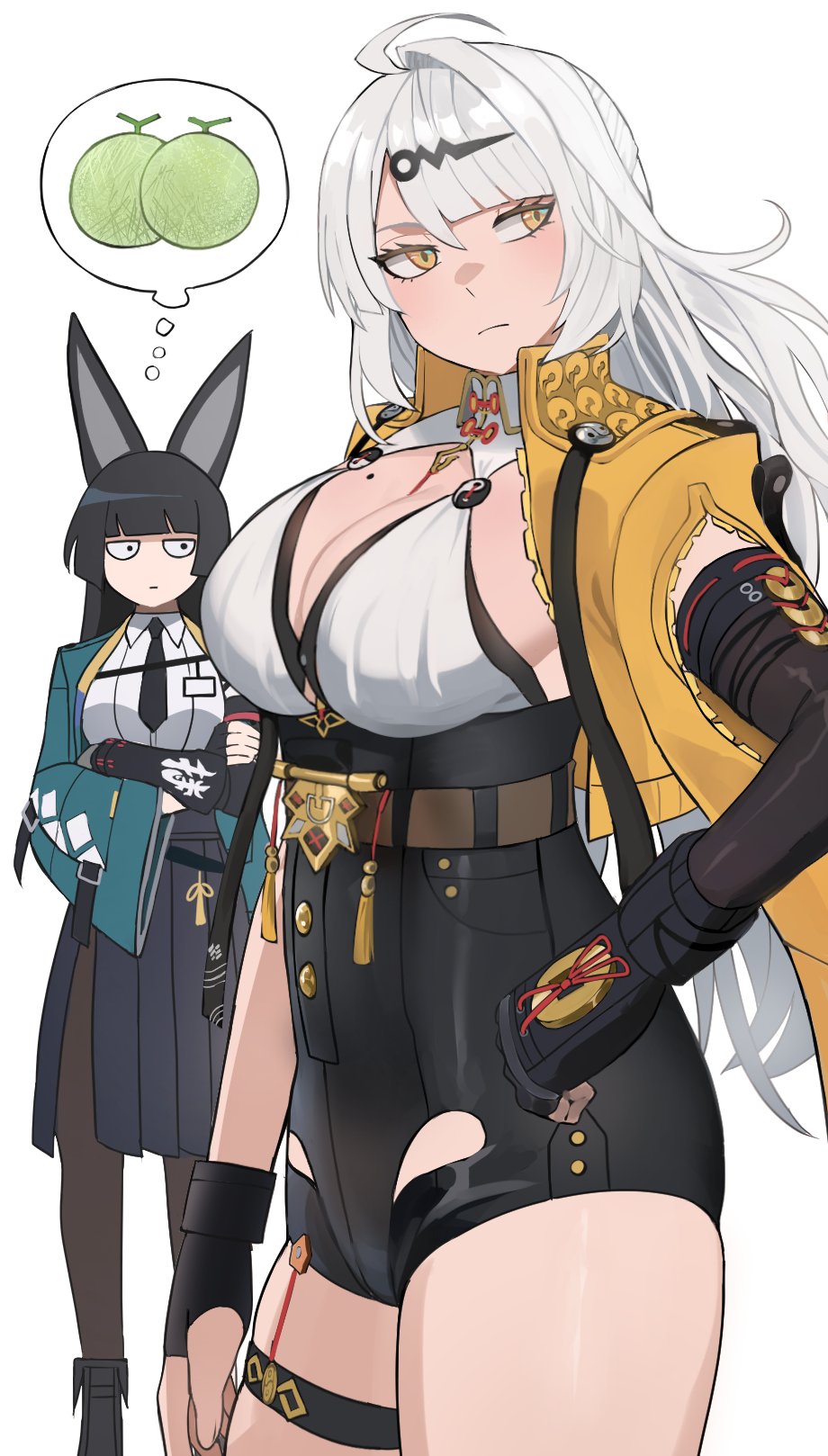 2girls ahoge animal_ears aqua_jacket belt black_eyes black_hair black_necktie black_shorts black_skirt blunt_bangs blunt_sidelocks breast_envy breasts brown_belt commentary crossed_arms english_commentary female food fox_ears fox_girl fruit hair_ornament hairclip high-waist_shorts highres hime_cut hoshimi_miyabi jacket jitome jourd4n large_breasts long_hair looking_at_another looking_to_the_side melon mole mole_on_breast multiple_girls necktie open_clothes open_jacket pantyhose pleated_skirt shirt shorts simple_background skirt speech_bubble thigh_strap thighs thought_bubble very_long_hair white_background white_hair white_shirt yellow_eyes yellow_jacket yi_xuan zenless_zone_zero