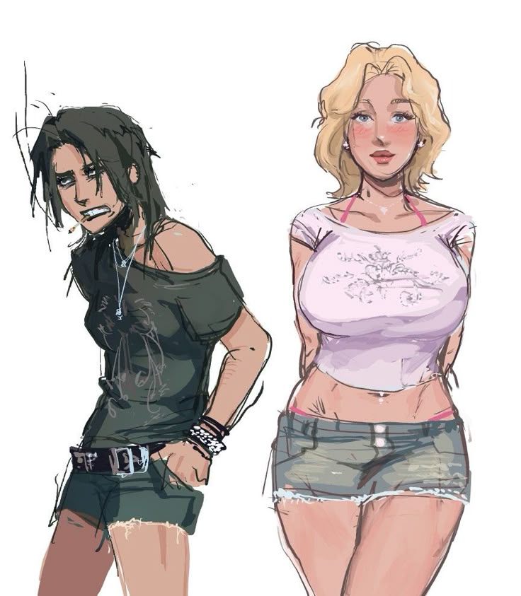 2girls, alternative fashion, bimbo, black clothing, black hair, black lipstick, blonde hair, blue eyes, blush, breasts, cigarette, collar, curly (mouthwashing), female, genderswap, genderswap (mtf), jean shorts, jeans, jimmy (mouthwashing), large breasts, lipstick, mouthwashing, not porn, pink bra, pink panties, rule 63, small breasts