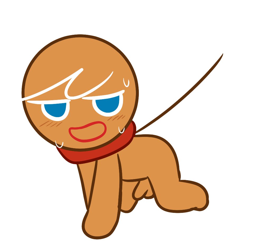 1boy, all fours, animate inanimate, blue eyes, blush, blushing, brown body, collar, cookie, cookie run, cookie run kingdom, cookie run ovenbreak, embarrassed, embarrassed nude femboy, embarrassed nude male, femboy, feminine male, gay, gingerbrave, gingerbread cookie, gingerbread man, humanoid penis, kuwoesque, leash, leash and collar, male, male only, no humans, non-human, non-human only, nude, nude male, penis, penis out, petplay, small penis, solo, solo male, sweating, tagme, white background, white hair