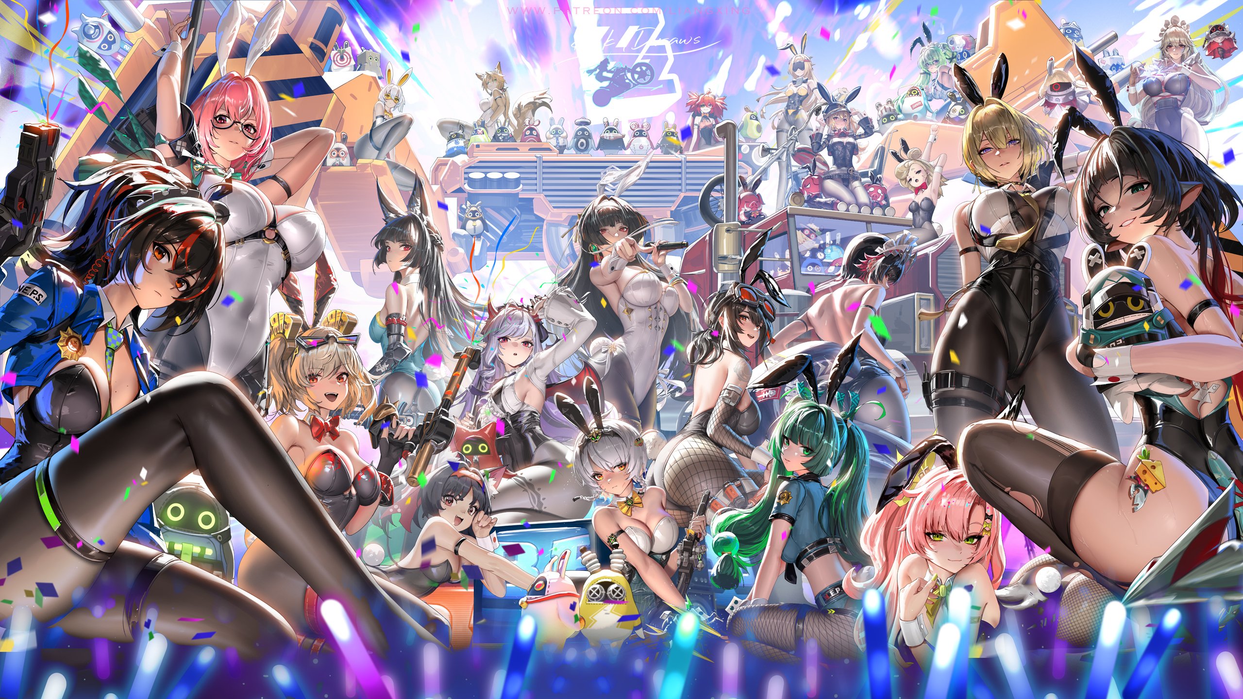 22girls, 6+girls, alexandrina sebastiane, anby demara, animal ears, ass, astra yao, bangboo (zenless zone zero), big breasts, black hair, black leotard, boar, breasts, bunny ears, bunnysuit, burnice white, caesar king, cheese, corin wickes, ellen joe, eous (zenless zone zero), evelyn chevalier, everyone, fake tail, female, female only, food, furry, glasses, grace howard, green hair, group picture, highres, hoshimi miyabi, jane doe (zenless zone zero), koleda belobog, large breasts, leotard, liang xing, long hair, luciana de montefio, medium breasts, missing commentary, motor vehicle, motorcycle, multicolored hair, multiple females, multiple girls, nekomiya mana, nicole demara, pink hair, piper wheel, pulchra fellini, qingyi (zenless zone zero), rabbit ears, rabbit tail, red hair, semi-rimless eyewear, short hair, soldier 0 - anby, soldier 11, tail, thick thighs, thighhighs, thighs, torn clothes, torn thighhighs, trigger (zenless zone zero), tsukishiro yanagi, twintails, two-tone hair, under-rim eyewear, vivian banshee, white leotard, zenless zone zero, zhu yuan