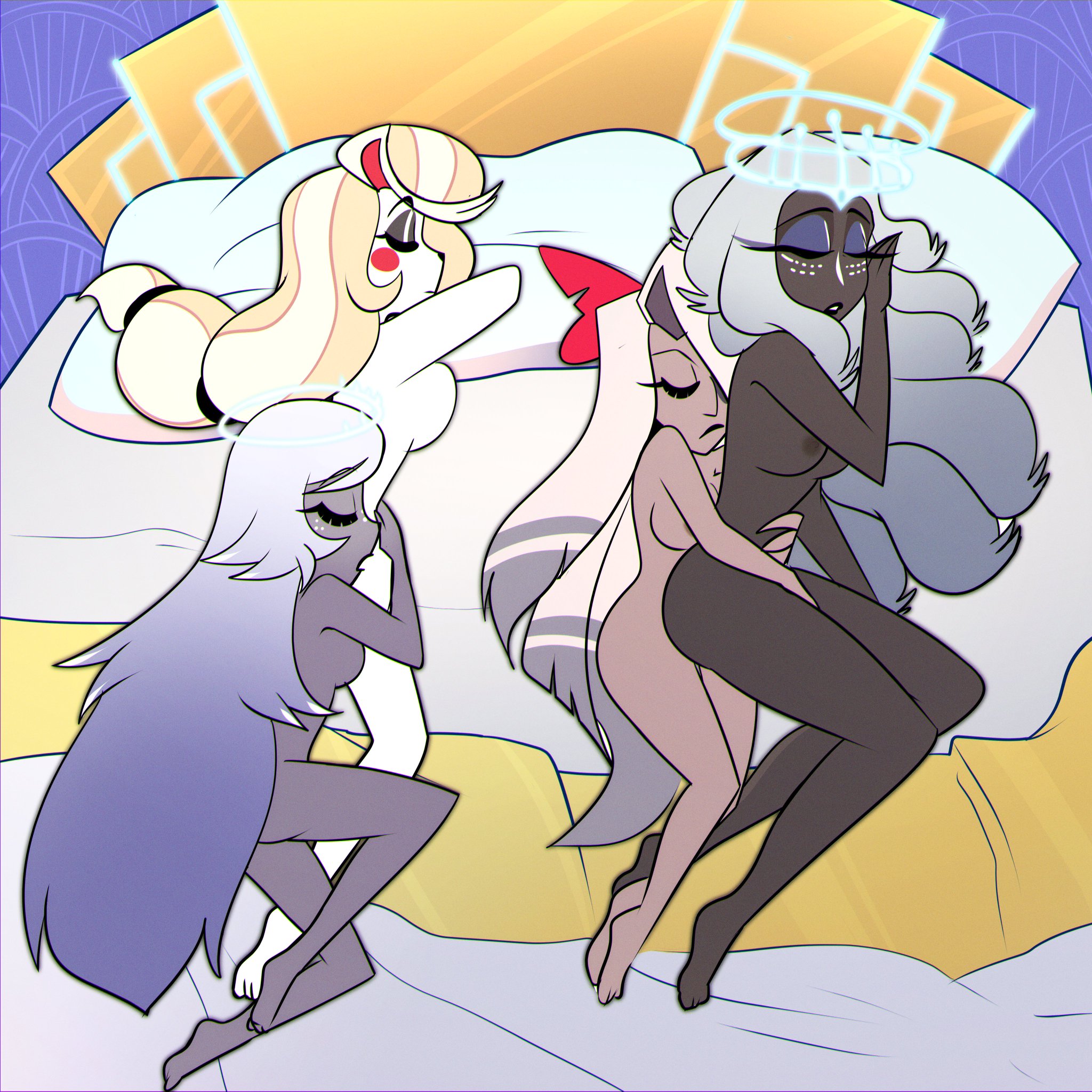 3angels, 4girls, 4monsters, after sex, angel, angel wings, blonde hair, casual, charlie morningstar (hazbin hotel), cuddling, dark skin, demon, emily (hazbin hotel), female, group, hazbin hotel, long hair, multiple females, multiple girls, nipples, nude, on bed, pale skin, paledingo, sera (hazbin hotel), sleeping, swingers, thick thighs, vaggie (hazbin hotel), vivienne medrano, white hair, wholesome, yuri