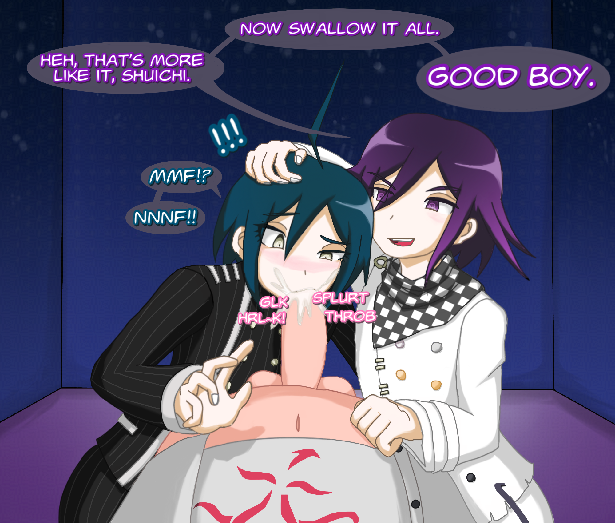 3boys, aeltrix, ahoge, balls, big penis, blowjob, collaborative fellatio, collaborative sex, cum, cum in mouth, danganronpa, danganronpa v3, dialogue, dirty talk, fellatio, femboy, first person view, gay, good boy, kaito momota, kokichi ouma, male, male only, male/male, momota kaito, ouma kokichi, penis, pov, pushing head, saihara shuuichi, shuichi saihara, text, threesome, threesome blowjob