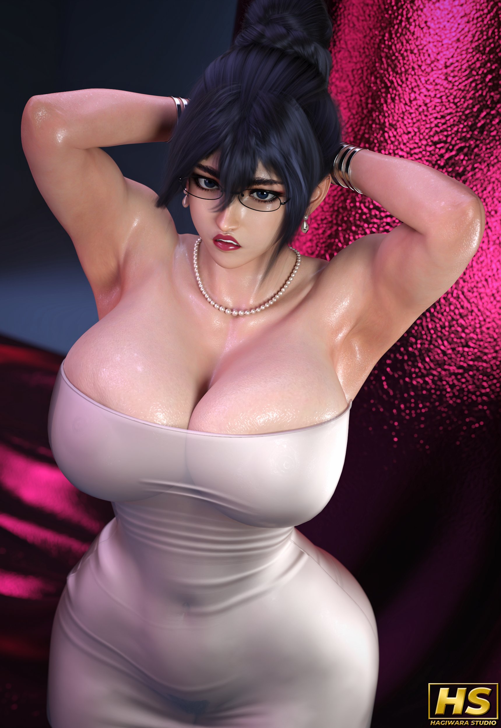 1girls, 2020s, 2025, 3d, 3d (artwork), anime, areolae, areolae visible through clothing, armpits, artist logo, artist signature, ass, bare shoulders, big ass, big breasts, big butt, black hair, blue eyes, bracelets, breasts, cleavage, clothed, clothed female, clothing, colored, curvaceous, curves, curvy, curvy body, curvy female, curvy figure, curvy hips, earrings, female, full color, fumitan admoss, glasses, gundam, gundam tekketsu no orphans, hagiwara studio, hair between eyes, hair bun, hands behind head, hips, huge ass, huge breasts, huge butt, jewelry, large ass, large breasts, large butt, light skin, light-skinned female, lipstick, looking at viewer, maid, necklace, nipples, nipples visible through clothing, pearl necklace, pubic hair, red lipstick, seductive, see-through, see-through clothing, strapless dress, thighs, titties, white dress