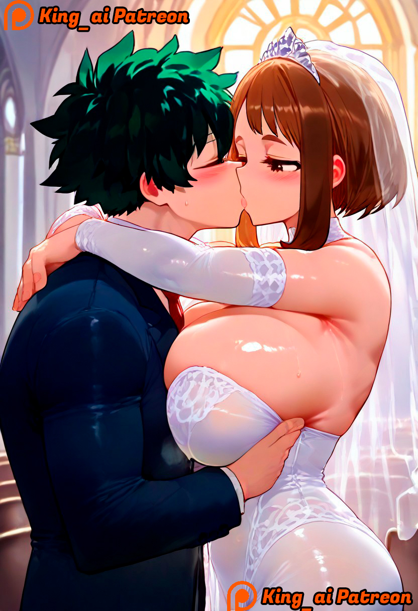 1boy, 1girls, ai generated, ass, big ass, big breasts, big butt, boku no hero academia, breasts, brown eyes, brown hair, canon couple, chubby female, female, green eyes, green hair, izuku midoriya, king ai, large ass, large breasts, large butt, male, married couple, mature female, midoriya izuku, my hero academia, ochako uraraka, pervert, pervert female, seductive, stable diffusion, uraraka ochako, wedding, wedding dress