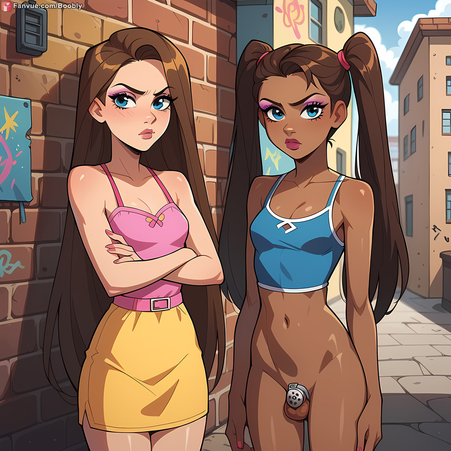 ai generated, alley, arms crossed, boobly, brown hair, camisole, chastity, chastity cage, dark skin, flat chastity cage, futa with futa, futanari, intersex, makeup, outdoors, skirt, solo, standing, twintails