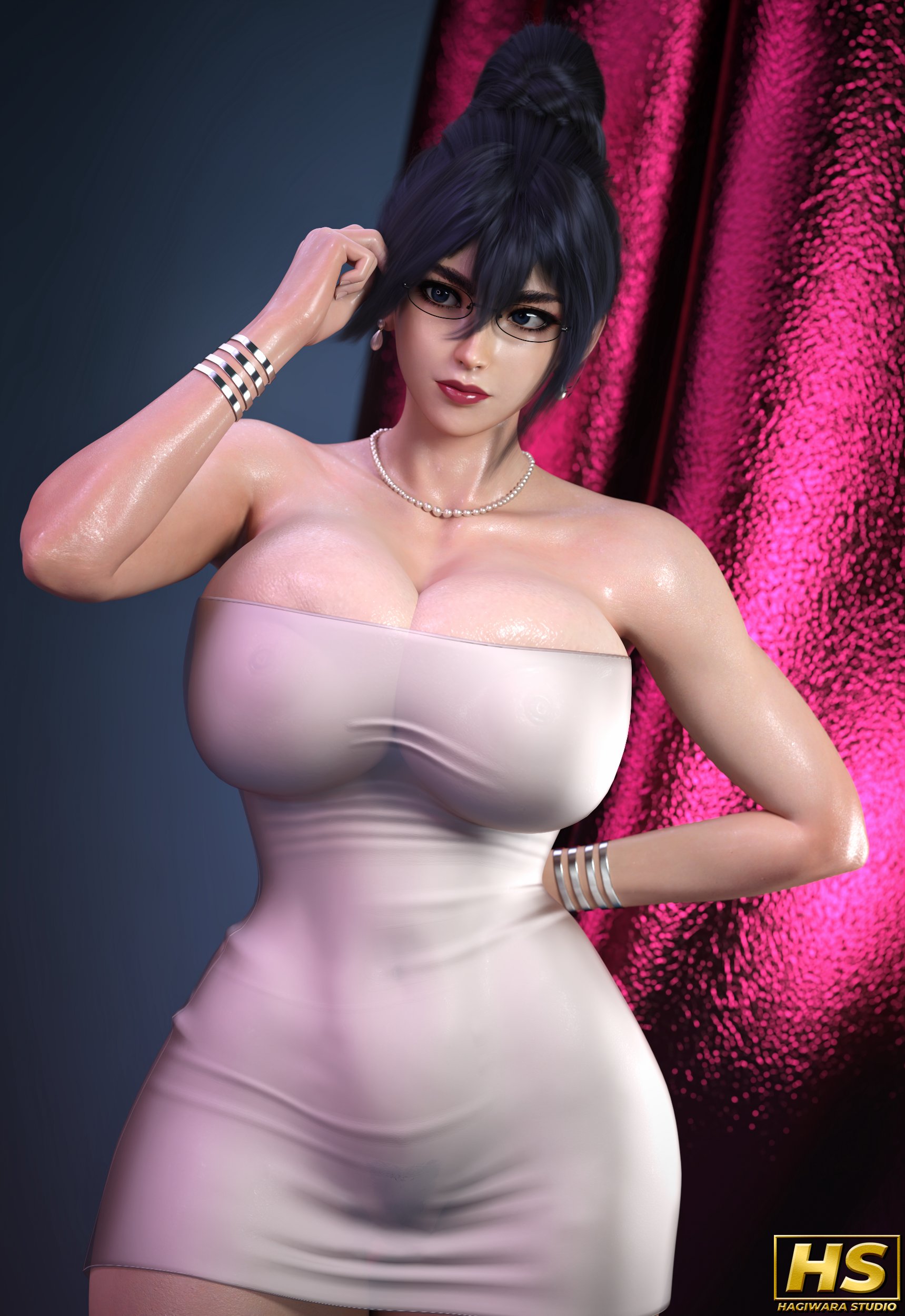 1girls, 2020s, 2025, 3d, 3d (artwork), anime, areolae, areolae visible through clothing, artist logo, artist signature, ass, bare shoulders, big ass, big breasts, big butt, black hair, blue eyes, bracelets, breasts, cleavage, clothed, clothed female, clothing, colored, curvaceous, curves, curvy, curvy body, curvy female, curvy figure, curvy hips, earrings, female, full color, fumitan admoss, glasses, gundam, gundam tekketsu no orphans, hagiwara studio, hair between eyes, hair bun, hips, huge ass, huge breasts, huge butt, jewelry, large ass, large breasts, large butt, light skin, light-skinned female, lipstick, maid, necklace, nipples, nipples visible through clothing, pearl necklace, pubic hair, red lipstick, seductive, see-through, see-through clothing, strapless dress, thighs, titties, white dress