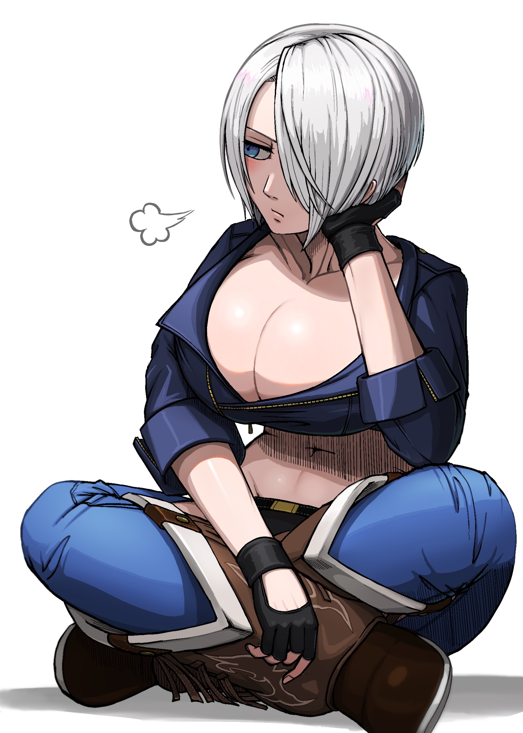 1girls, angel (kof), big breasts, black gloves, blue eyes, blush, bob cut, boots, breasts, brown boots, busty, cleavage, crop top, cute, female, female focus, female only, fingerless gloves, gloves, hair over one eye, hi res, high resolution, highres, jacket, jeans, king of fighters, knee boots, kneehighs, kof, large breasts, leather jacket, legs crossed, legs together, light skin, light-skinned female, medium hair, no bra, pale skin, pale-skinned female, pinup, shoulder length hair, sitting, skimpy, skimpy clothes, snk, solo, solo female, solo focus, source request, ssdng3, susudango, the king of fighters, tomboy, very high resolution, white background