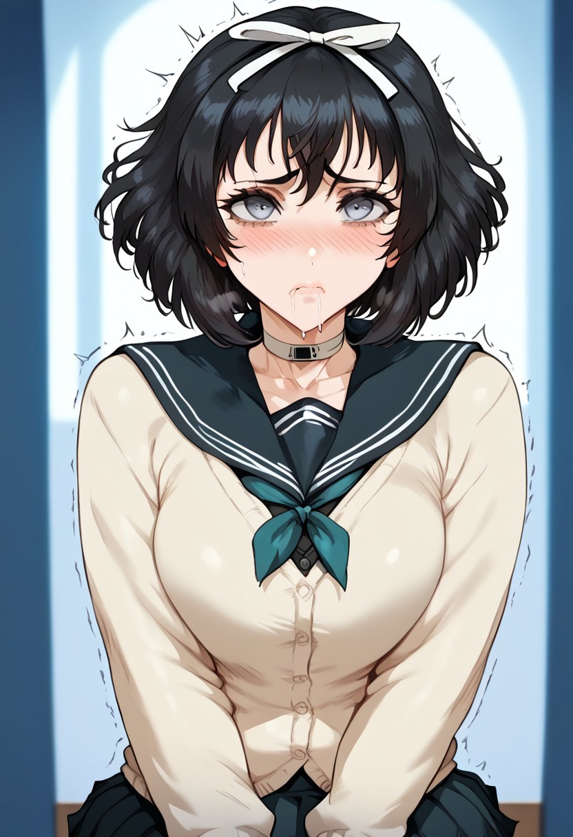 1girls 2d ai_generated ai_sensuality black_hair blush drooling euphoria euphoria_(clockup) grey_eyes hair_ornament hair_ribbon hokari_kanae light-skinned_female school_uniform short_hair shy solo solo_female teenager uniform younger_female